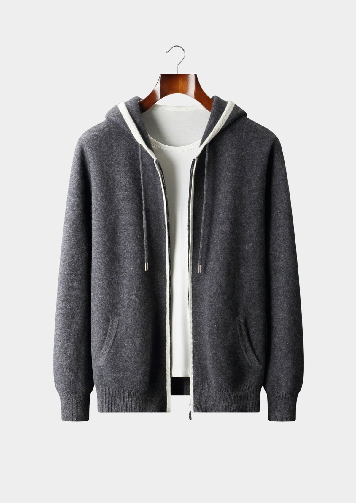 Pure Extra-Fine Merino Wool Contrast Zipper Hoodie