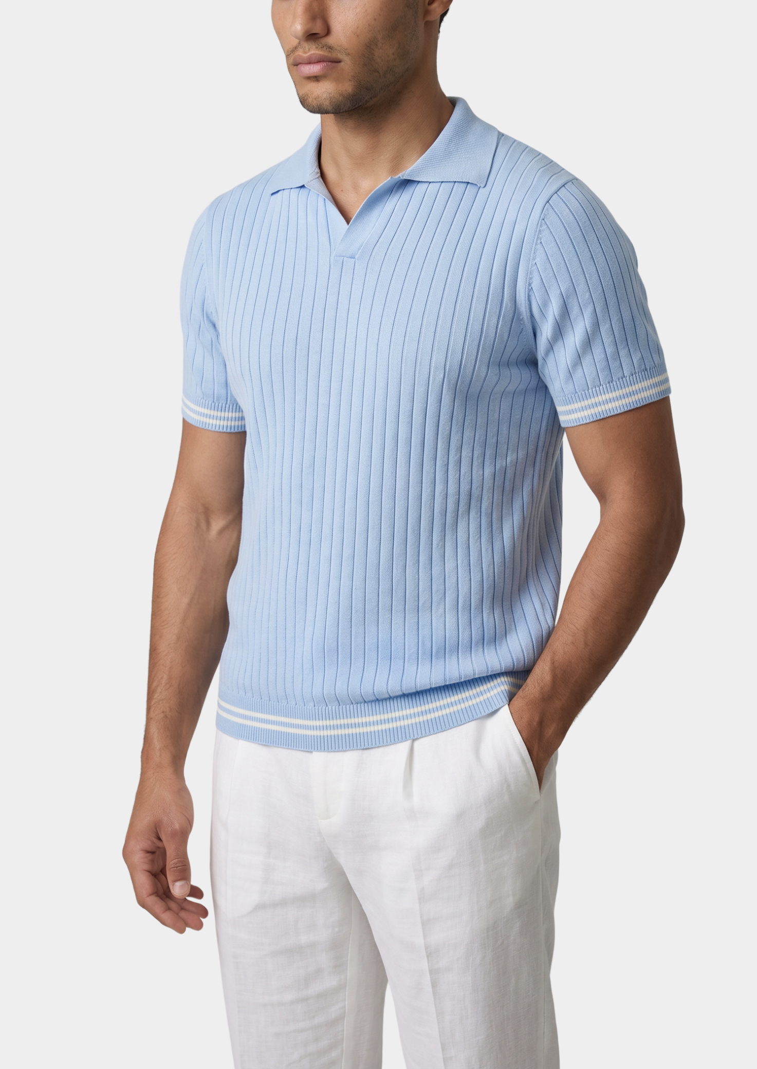 PIERRE LIGHT BLUE RIBBED BUTTONLESS POLO