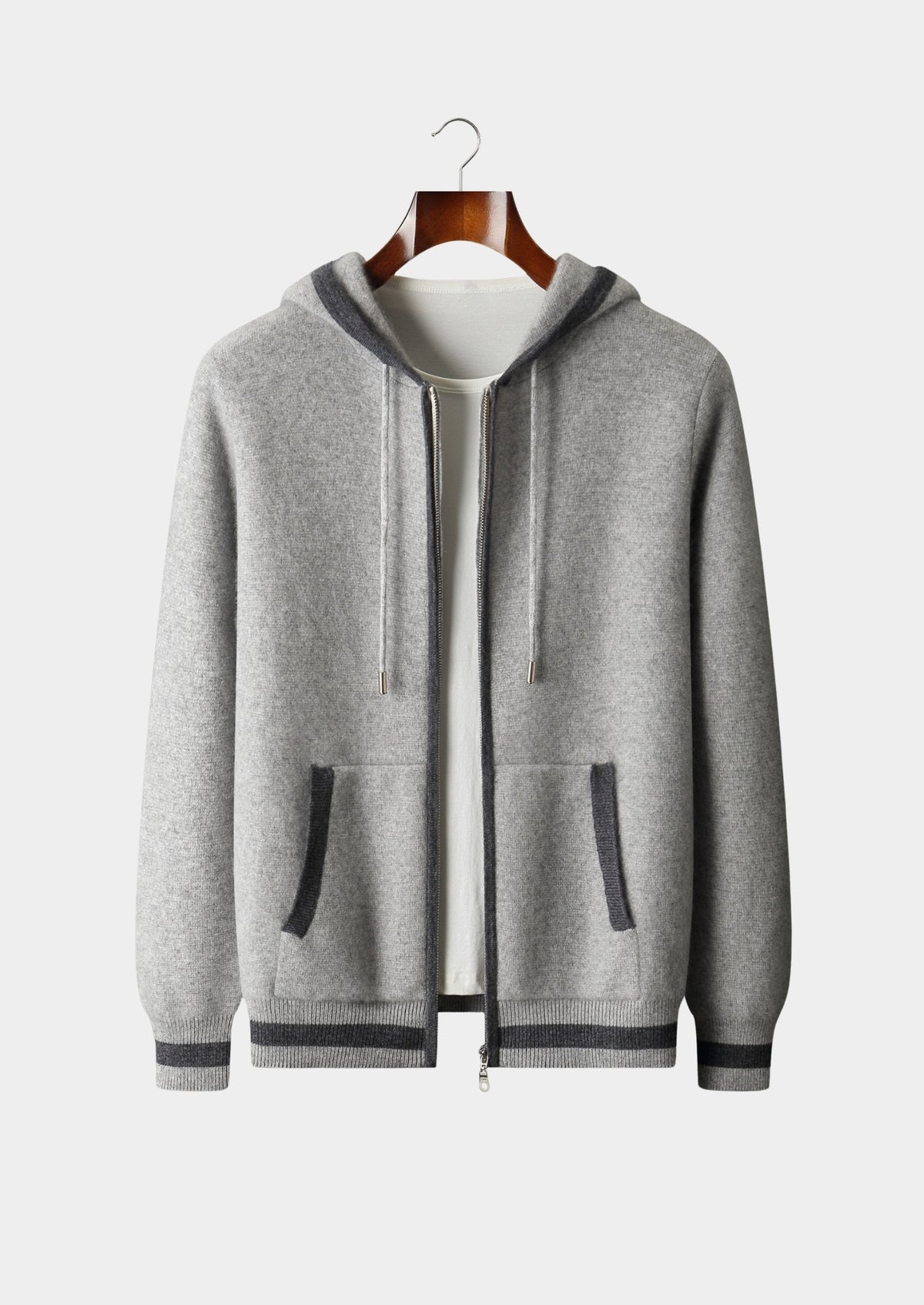 Pure Extra-Fine Merino Wool Two-Tone Zipper Hoodie