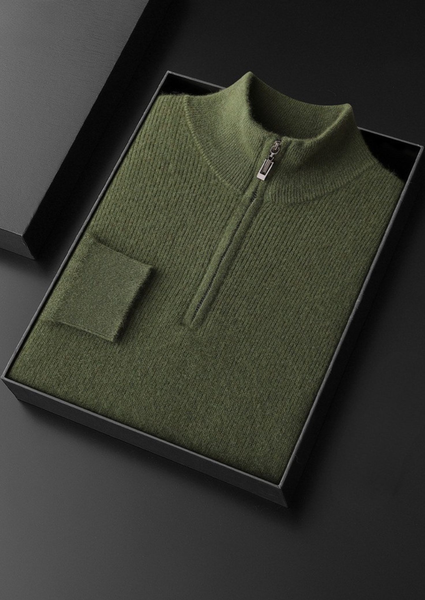 PURE CASHMERE OLIVE RIBBED HALF ZIP