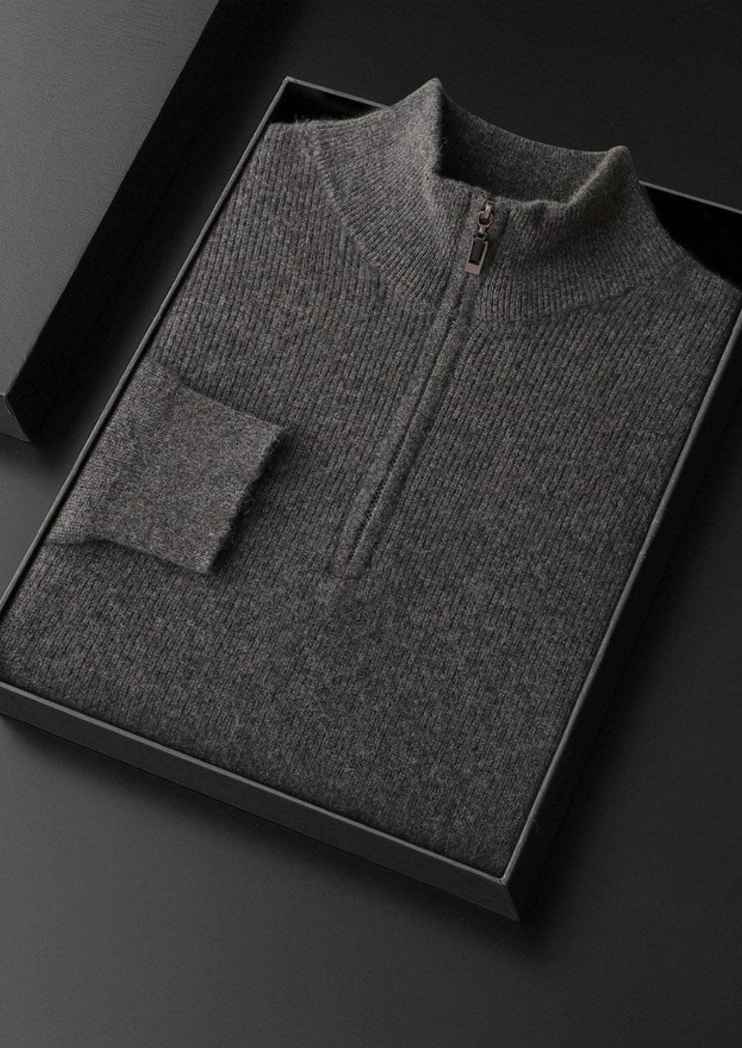 PURE CASHMERE DARK GRAY RIBBED HALF ZIP