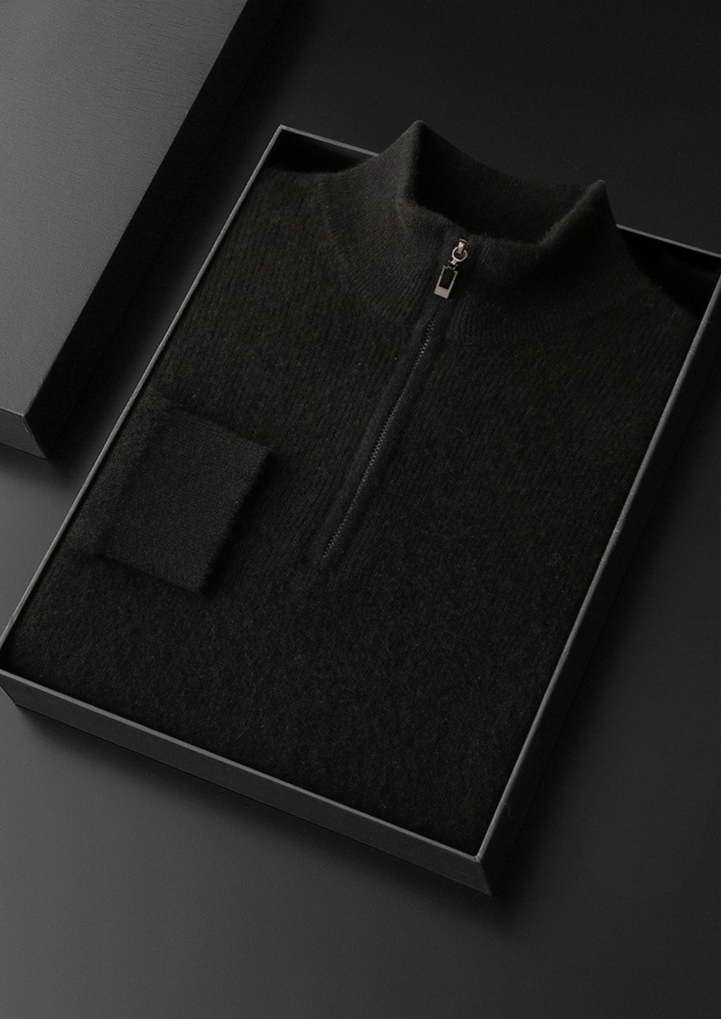 PURE CASHMERE BLACK RIBBED HALF ZIP