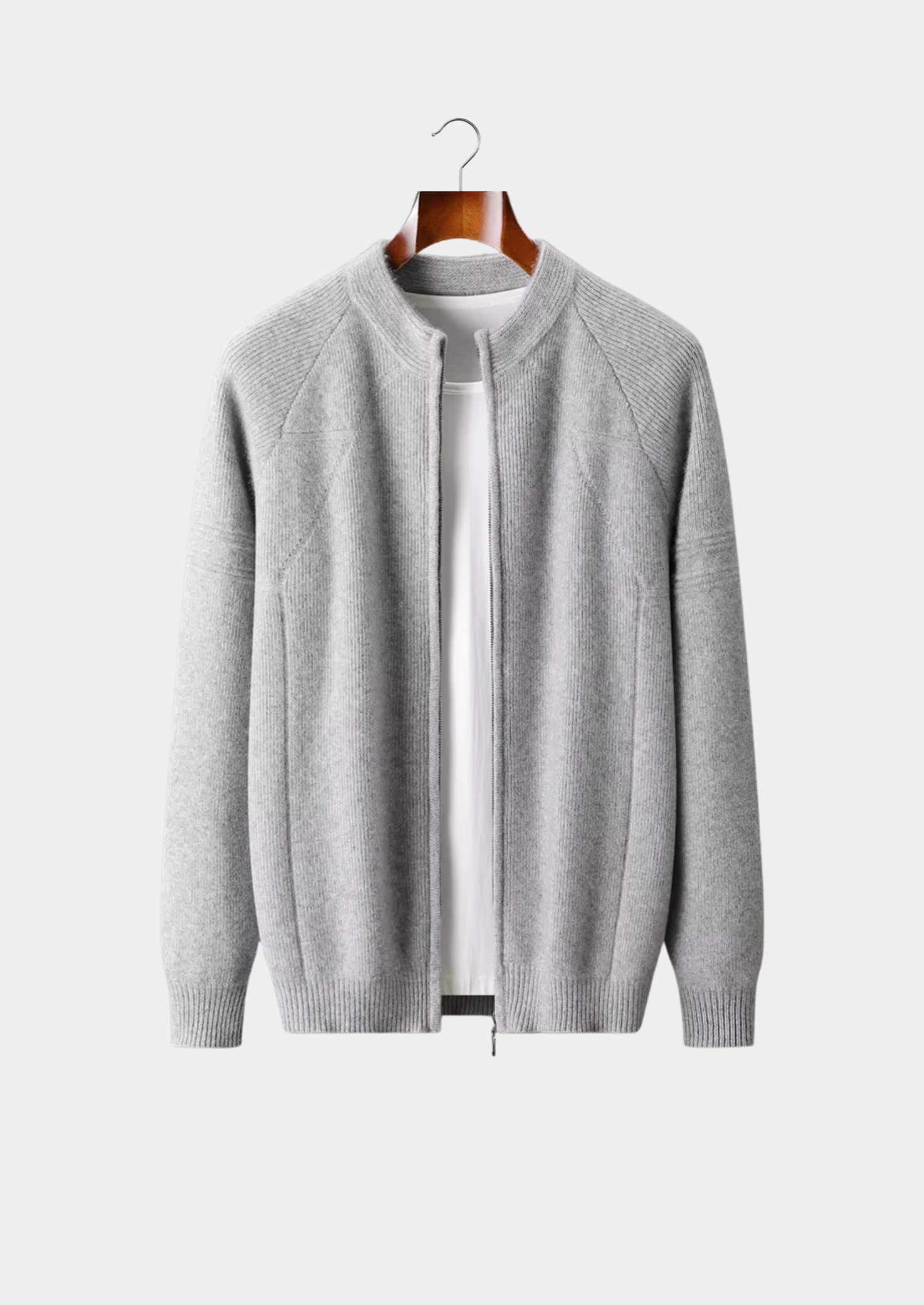 PURE EXTRA-FINE MERINO WOOL RIBBED ZIP CARDIGAN