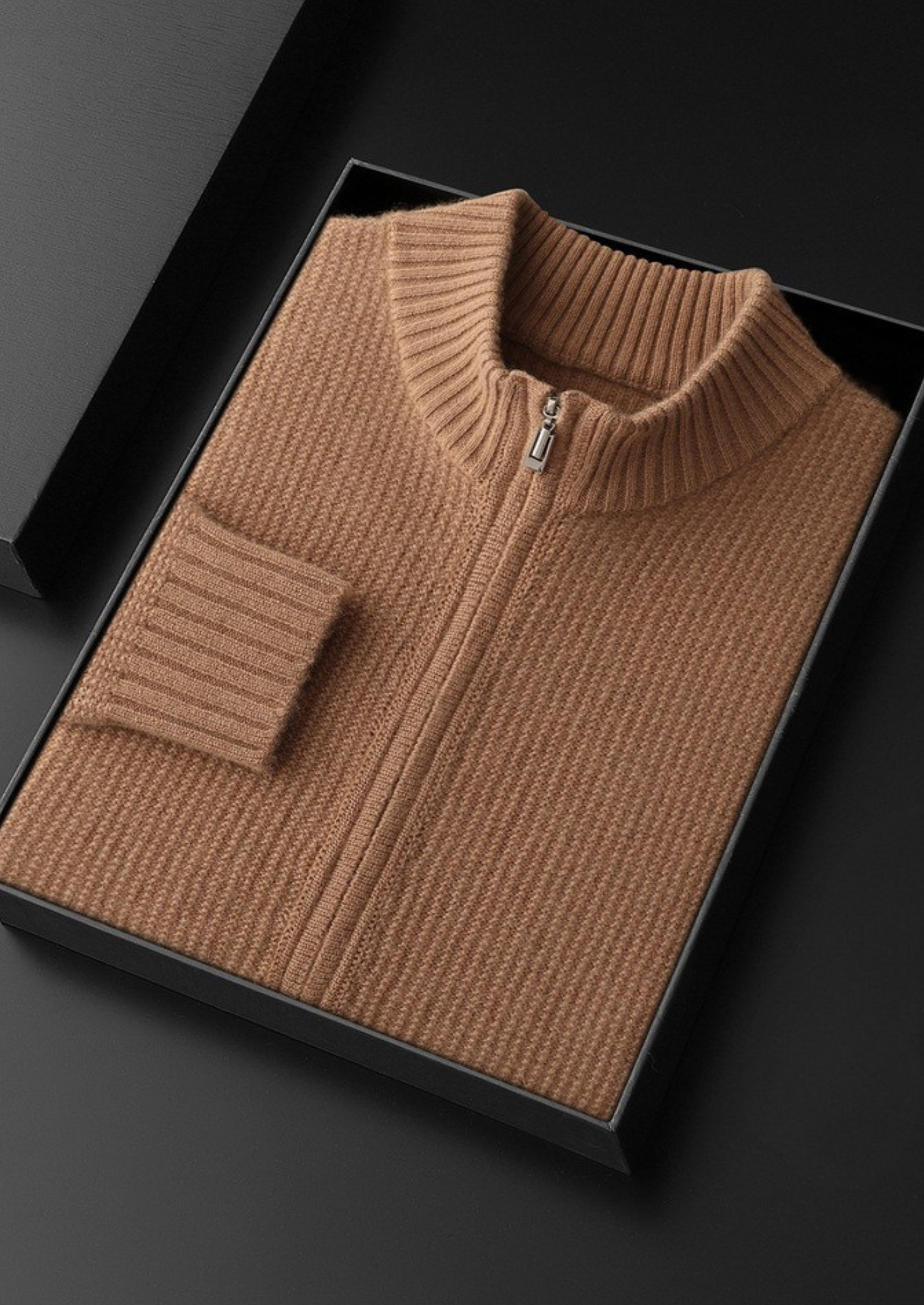 PURE CASHMERE MUSTARD RIBBED ZIP CARDIGAN