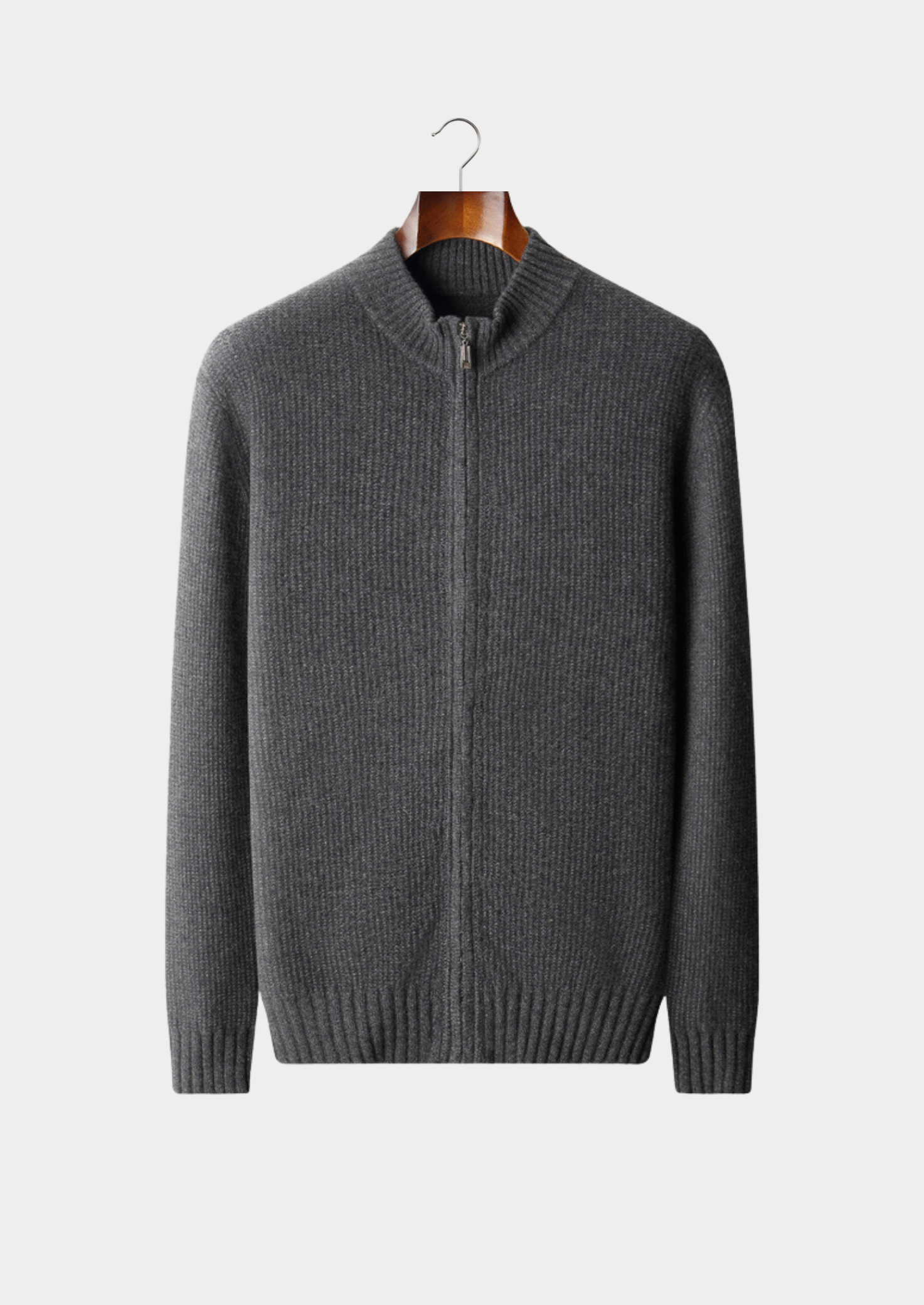 PURE CASHMERE DARK GRAY RIBBED ZIP CARDIGAN