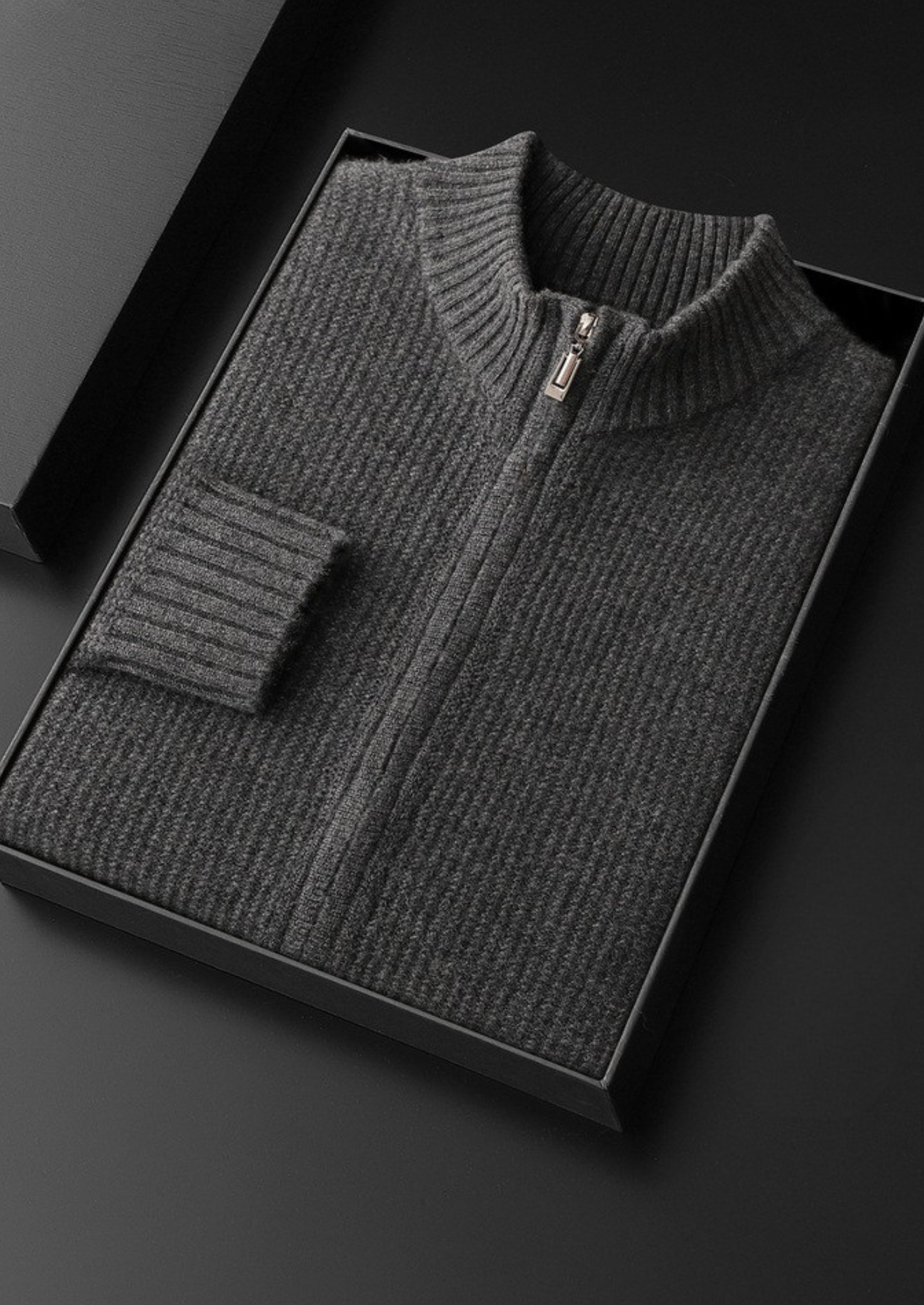 PURE CASHMERE DARK GRAY RIBBED ZIP CARDIGAN