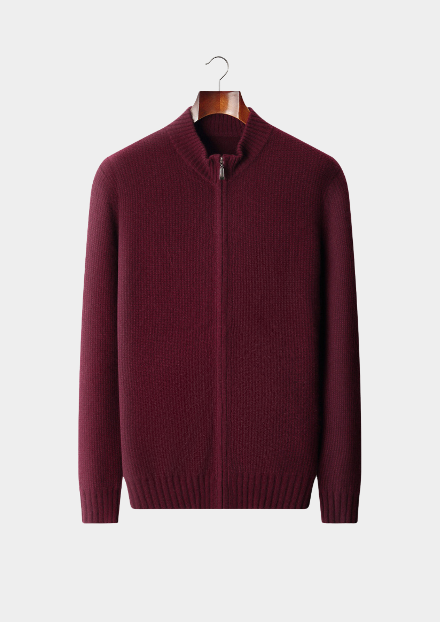 PURE CASHMERE BURGUNDY RIBBED ZIP CARDIGAN