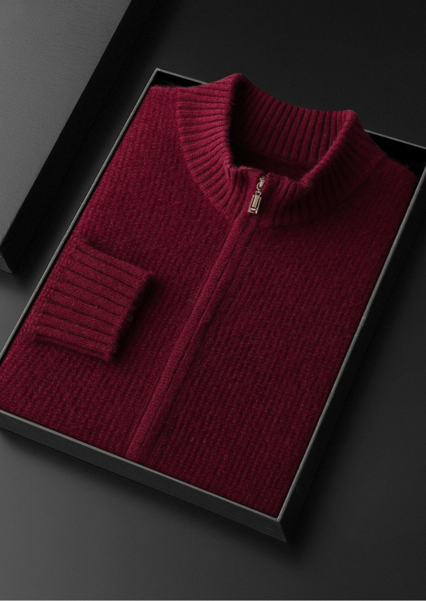 PURE CASHMERE BURGUNDY RIBBED ZIP CARDIGAN