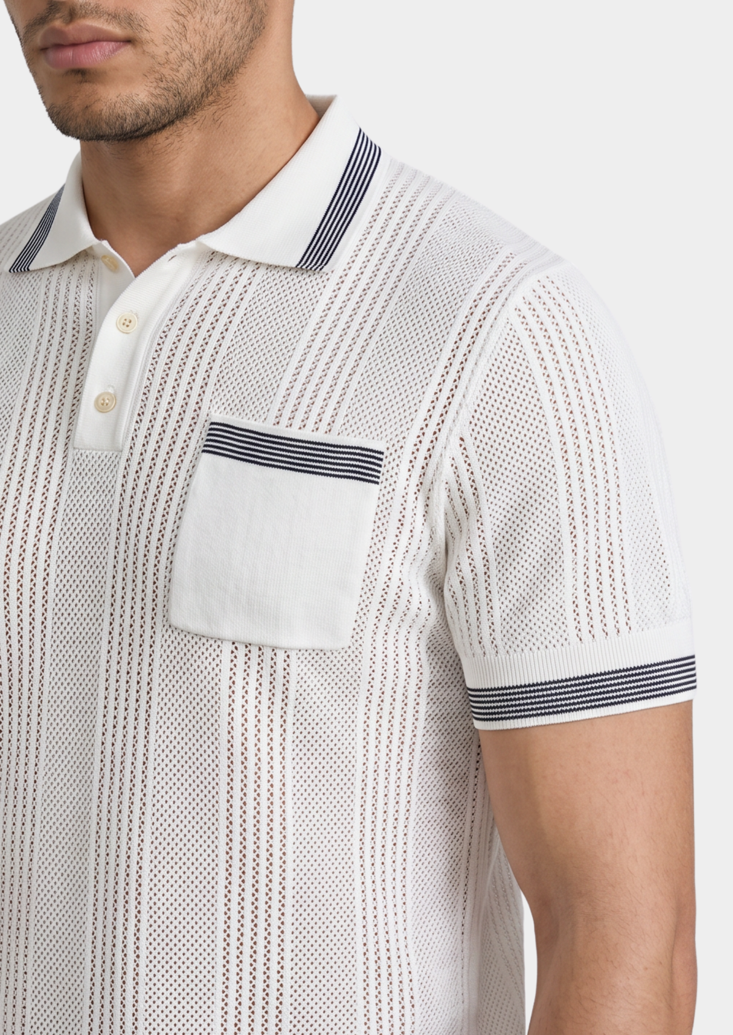 LEON WHITE OPEN KNIT LIGHTWEIGHT POLO