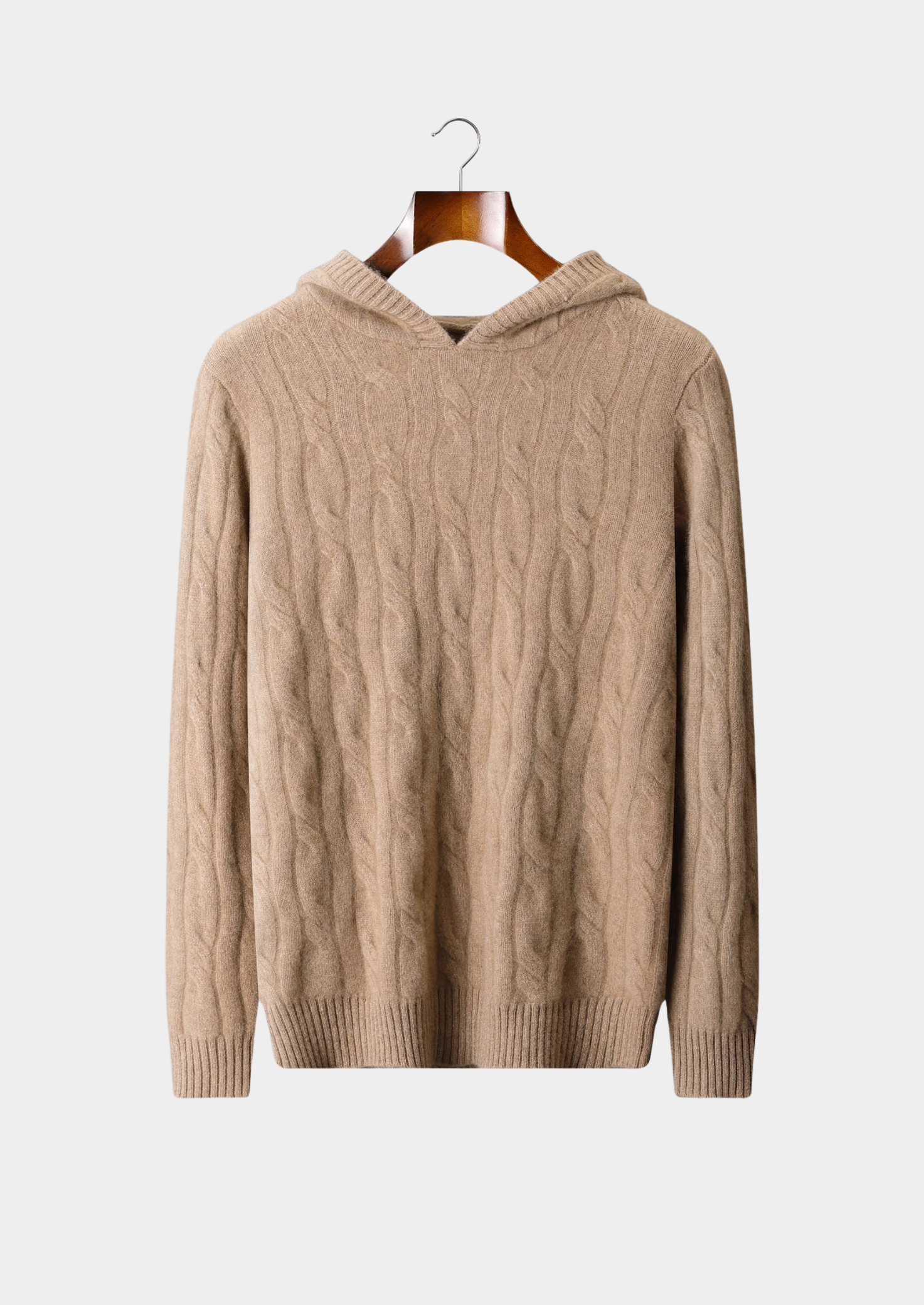 PURE CASHMERE SAND CABLE KNIT HOODIE
