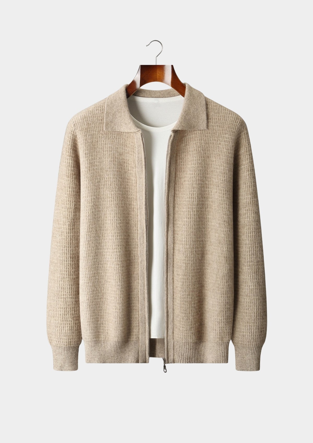 Pure Extra-Fine Merino Wool Textured Zip Polo Cardigan
