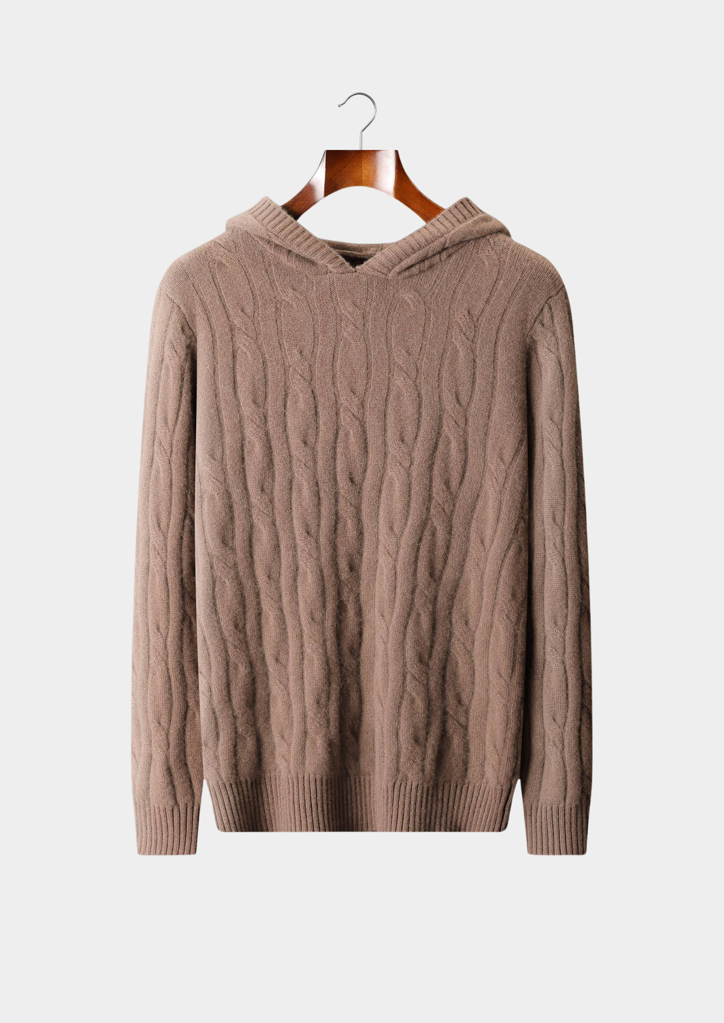 PURE CASHMERE BEIGE CABLE KNIT HOODIE