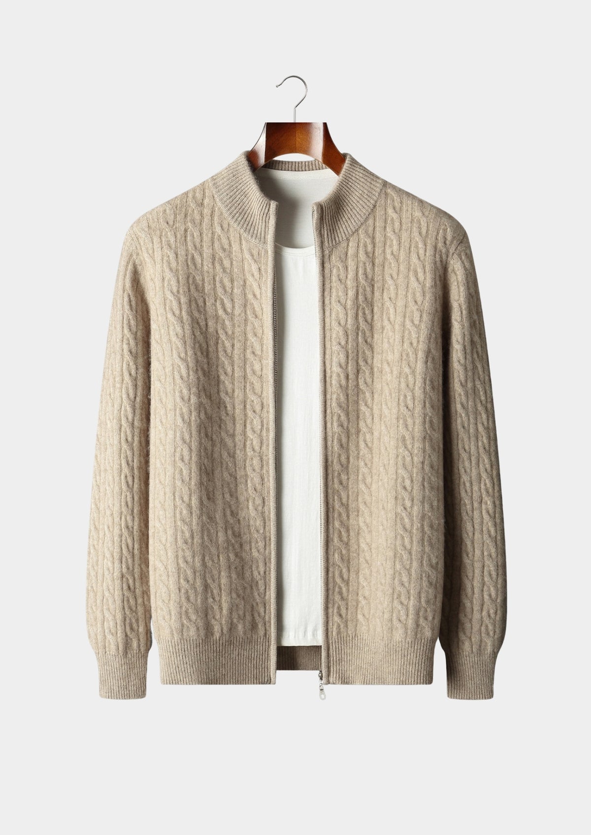 Pure Extra-Fine Merino Wool Cable Knit Zip Cardigan