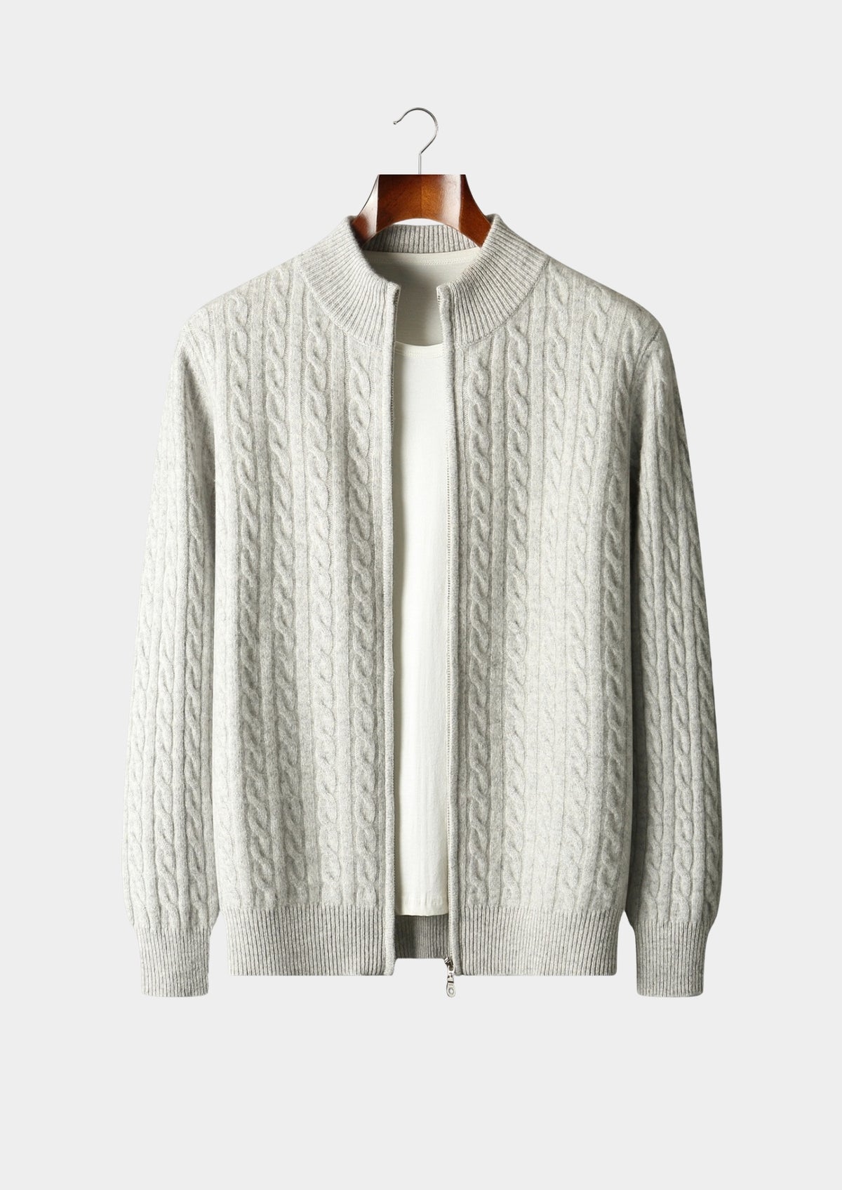 Pure Extra-Fine Merino Wool Cable Knit Zip Cardigan