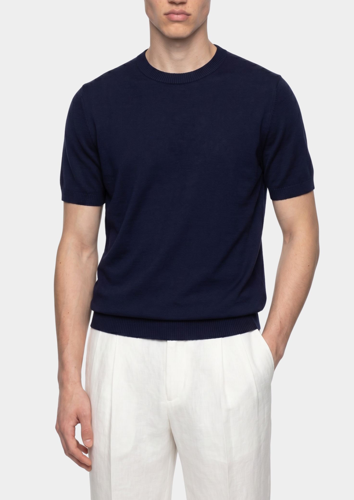 ESSENTIAL NAVY BLUE KNITTED CREWNECK T-SHIRT