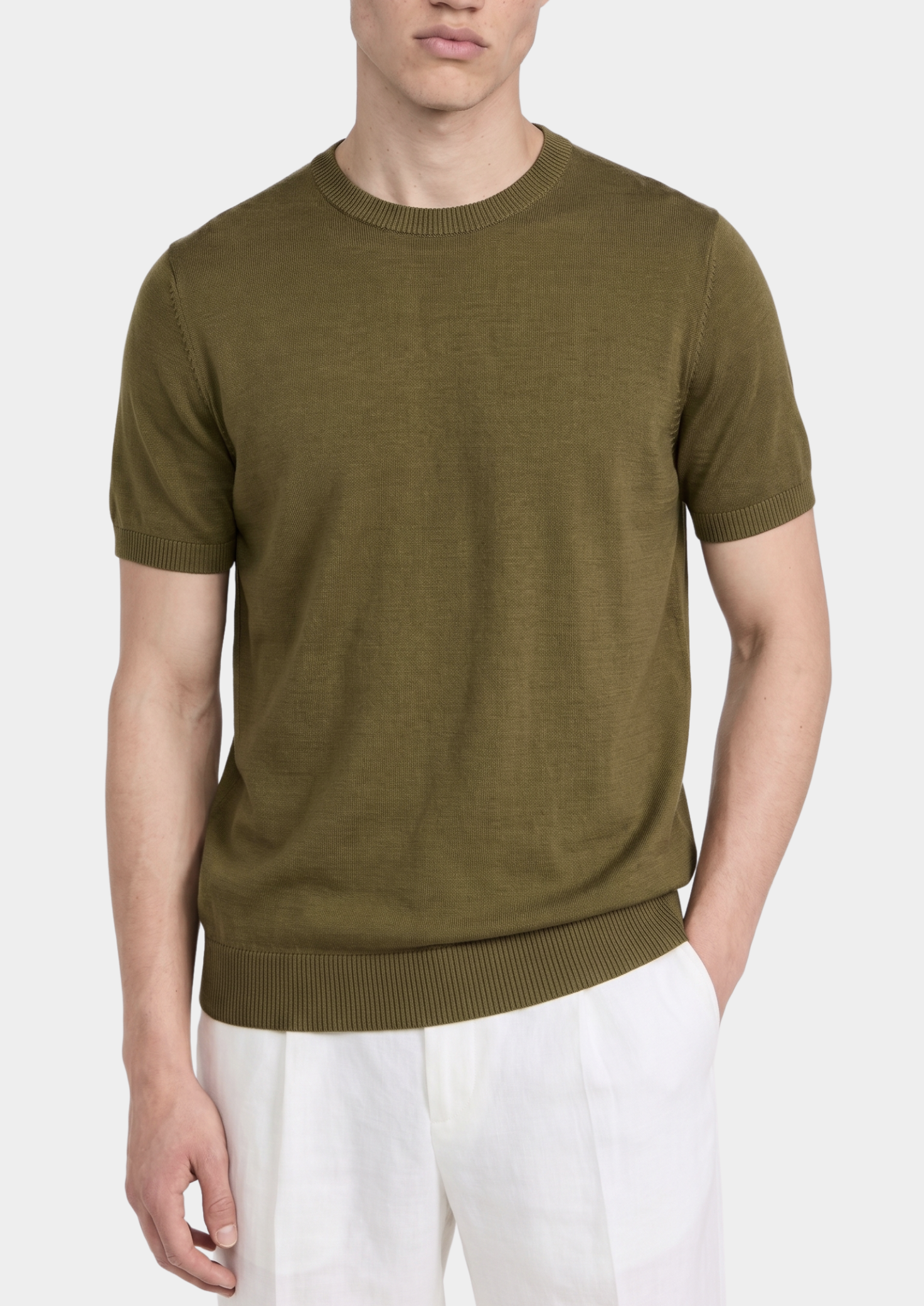 ESSENTIAL OLIVE KNITTED CREWNECK T-SHIRT