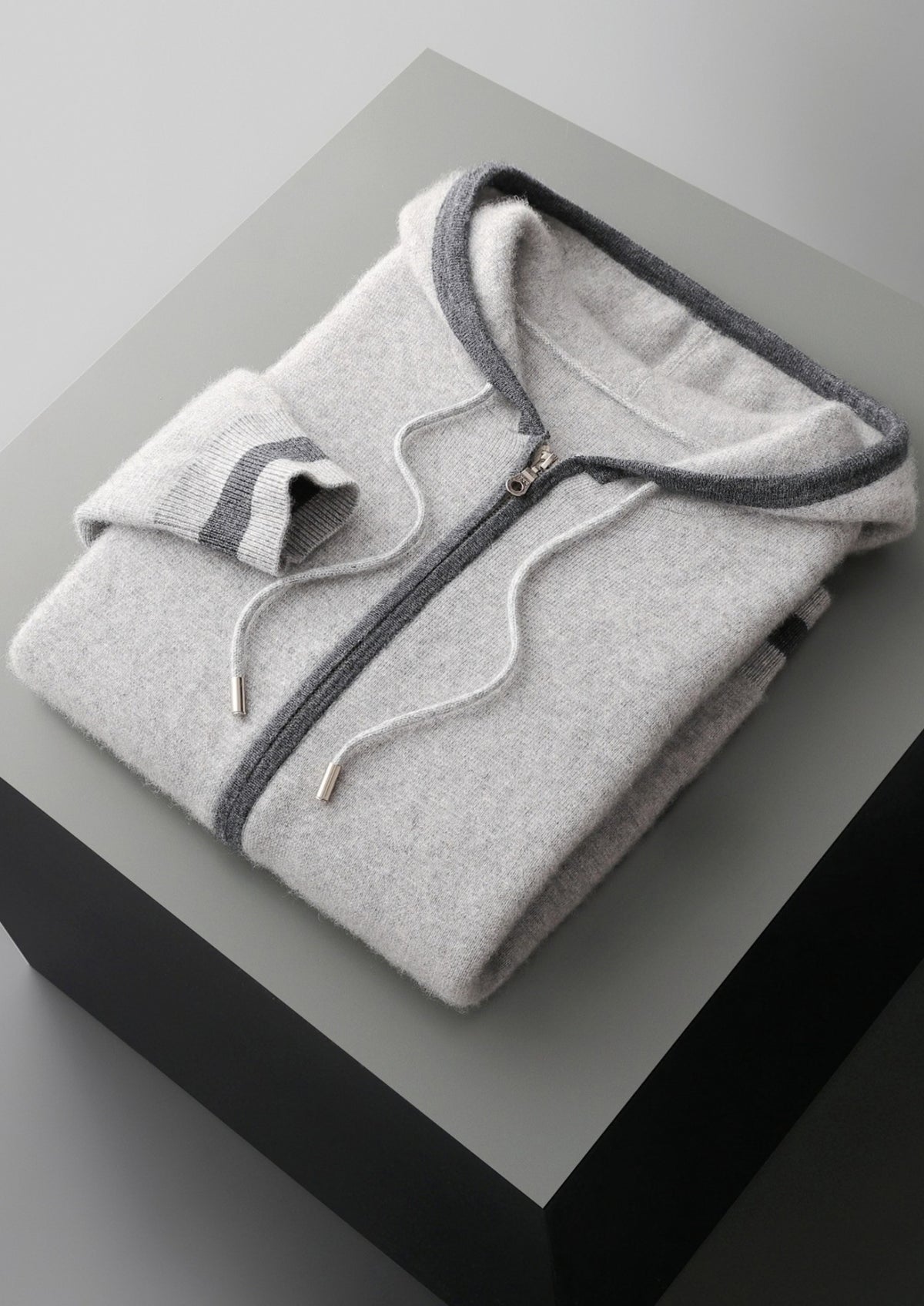 Pure Extra-Fine Merino Wool Two-Tone Zipper Hoodie