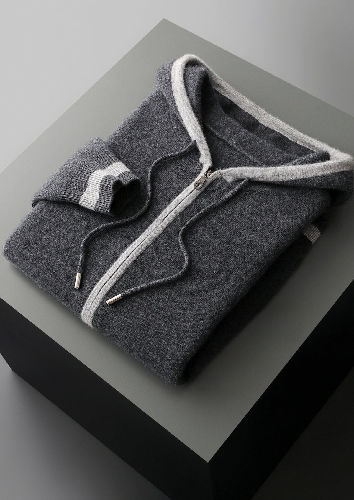 Pure Extra-Fine Merino Wool Two-Tone Zipper Hoodie