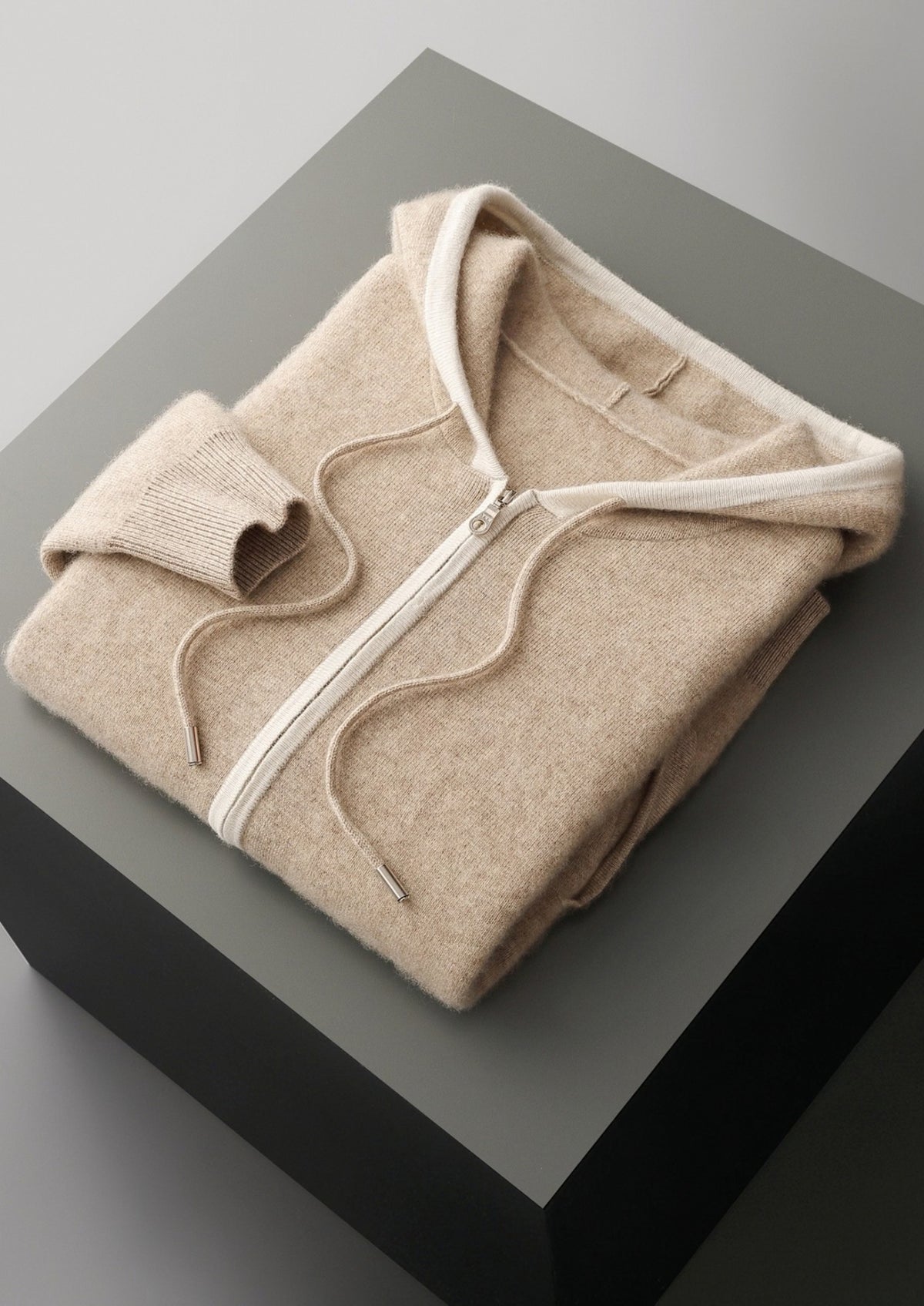 Pure Extra-Fine Merino Wool Contrast Zipper Hoodie