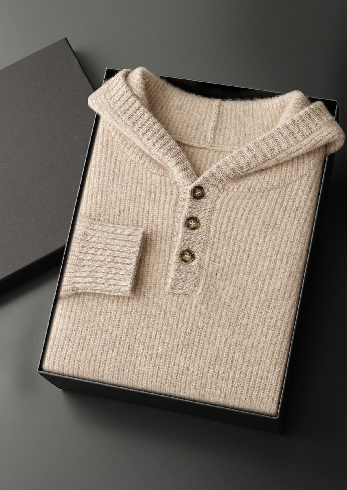 Premium Cashmere Ribbed Button-Up Hoodie