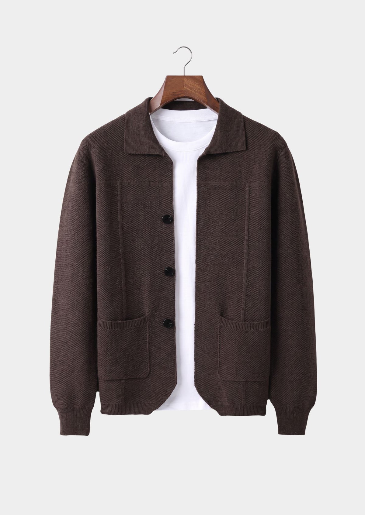 Pure Extra-Fine Merino Wool Dark Brown Button Overshirt