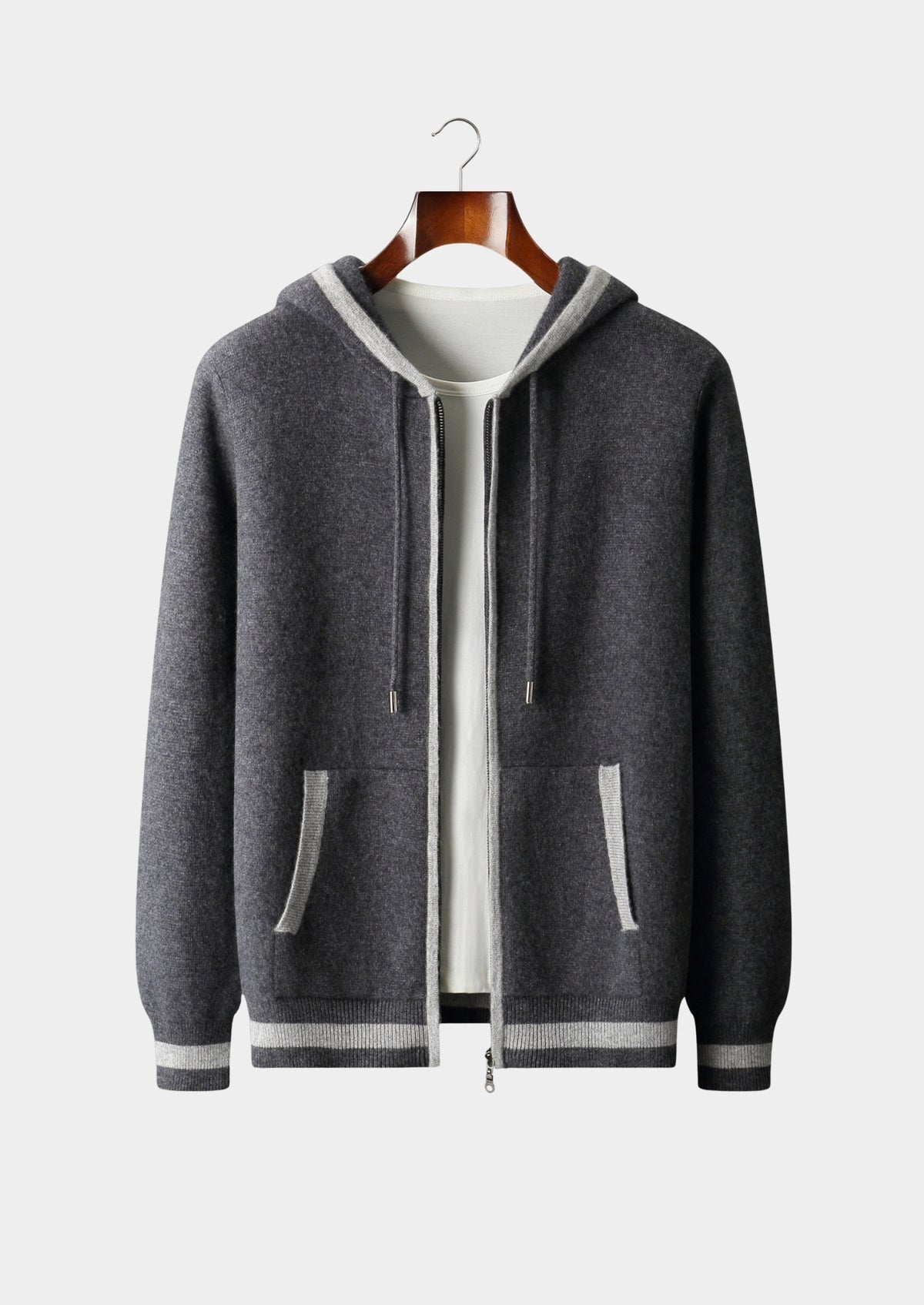 Pure Extra-Fine Merino Wool Two-Tone Zipper Hoodie