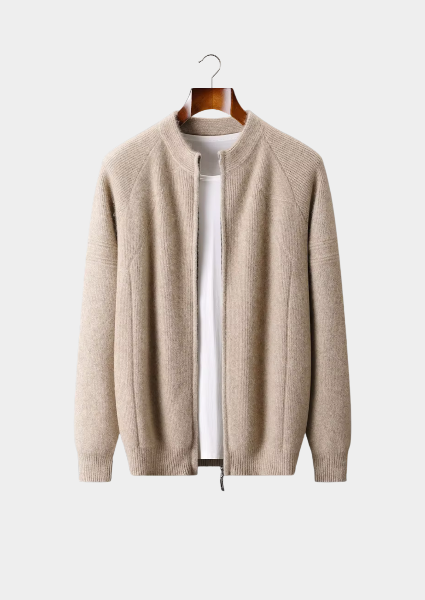 PURE EXTRA-FINE MERINO WOOL RIBBED ZIP CARDIGAN