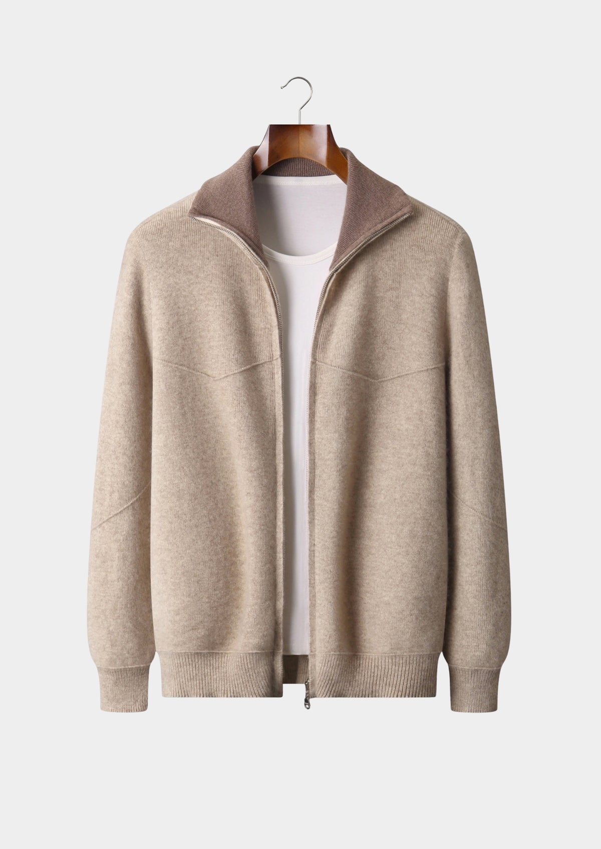 Pure Extra-Fine Merino Wool Two-Tone Funnel Neck Cardigan