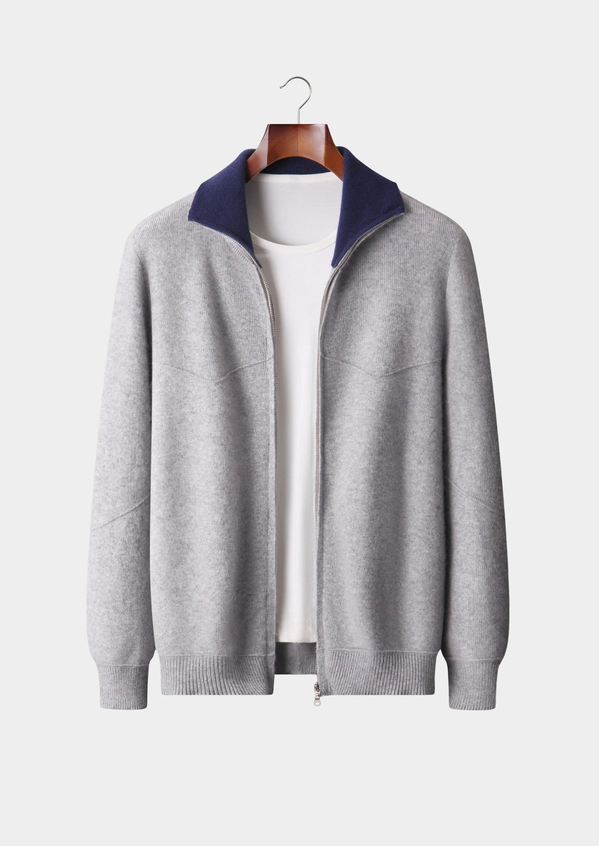 Pure Extra-Fine Merino Wool Two-Tone Funnel Neck Cardigan