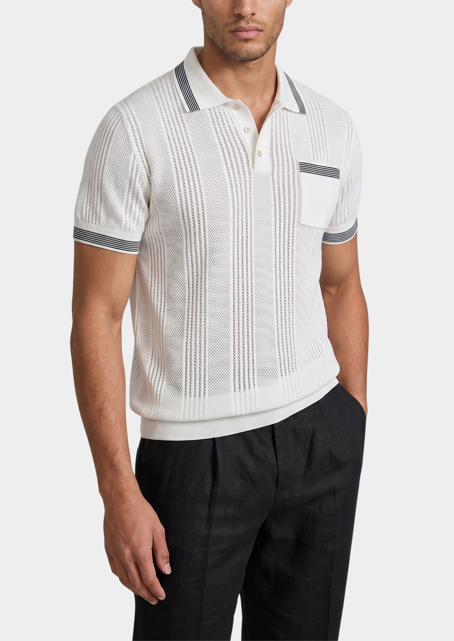 LEON WHITE OPEN KNIT LIGHTWEIGHT POLO