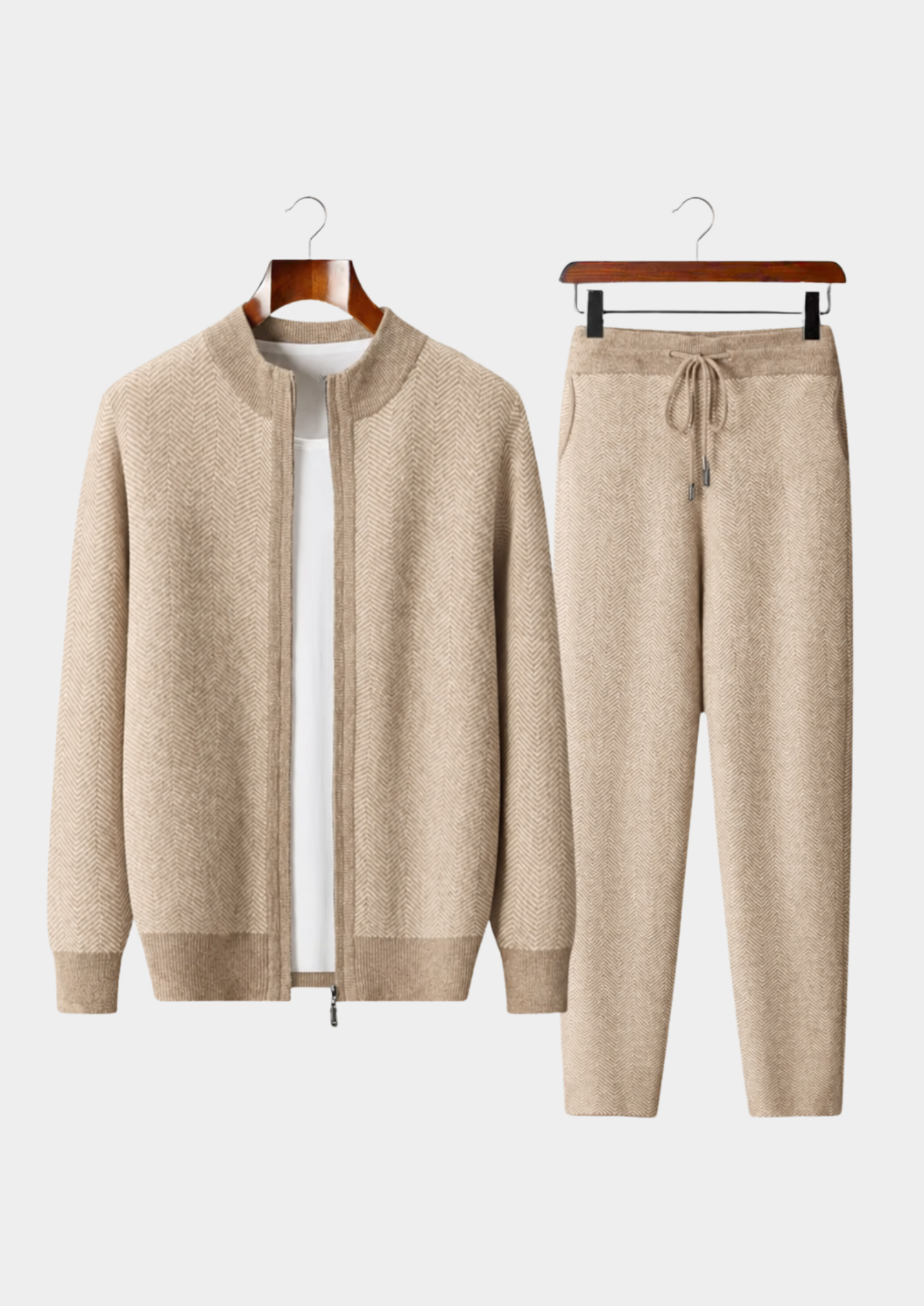 PURE EXTRA-FINE MERINO WOOL SAND HERRINGBONE SET