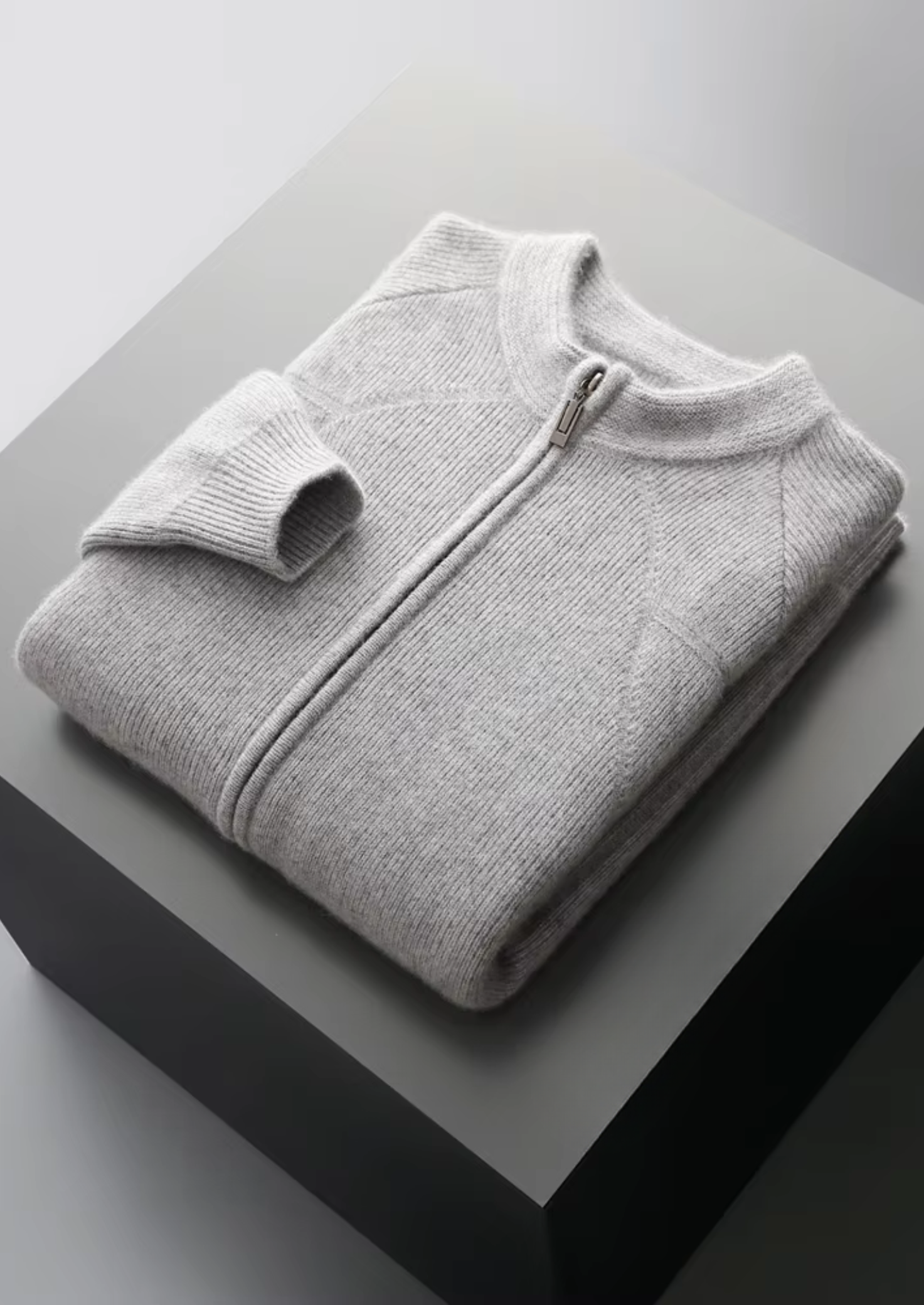 PURE EXTRA-FINE MERINO WOOL RIBBED ZIP CARDIGAN