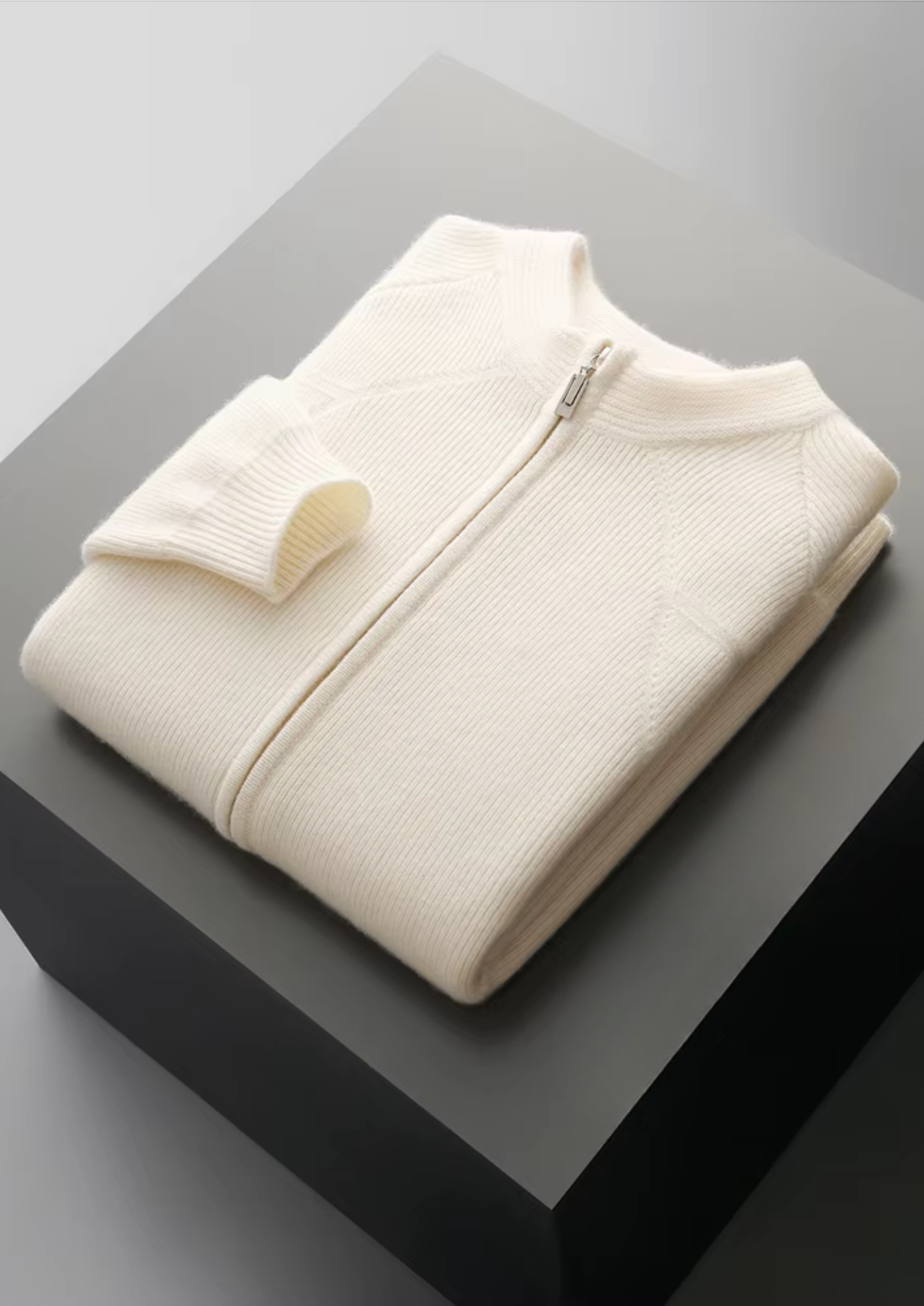 PURE EXTRA-FINE MERINO WOOL RIBBED ZIP CARDIGAN