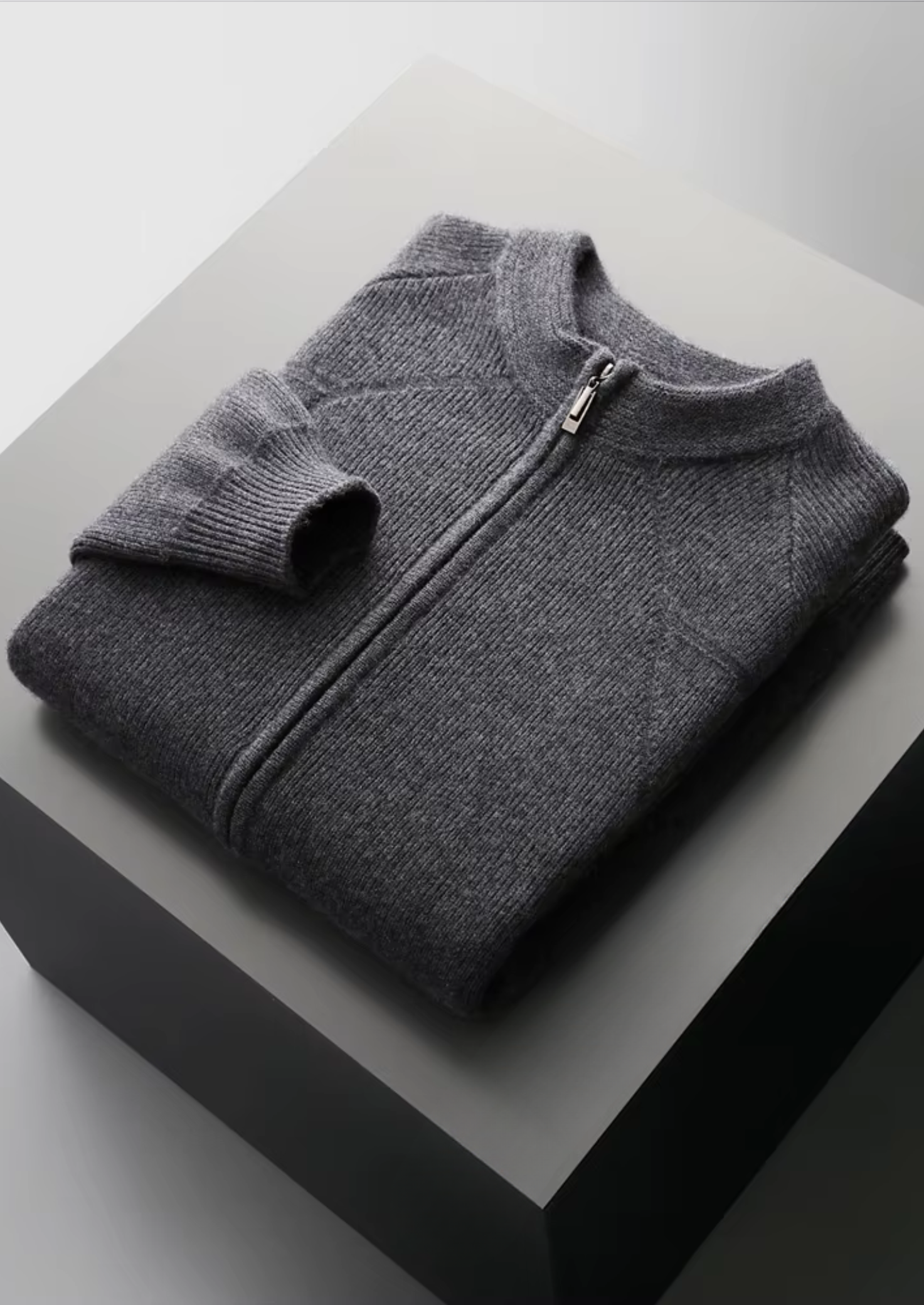 PURE EXTRA-FINE MERINO WOOL RIBBED ZIP CARDIGAN