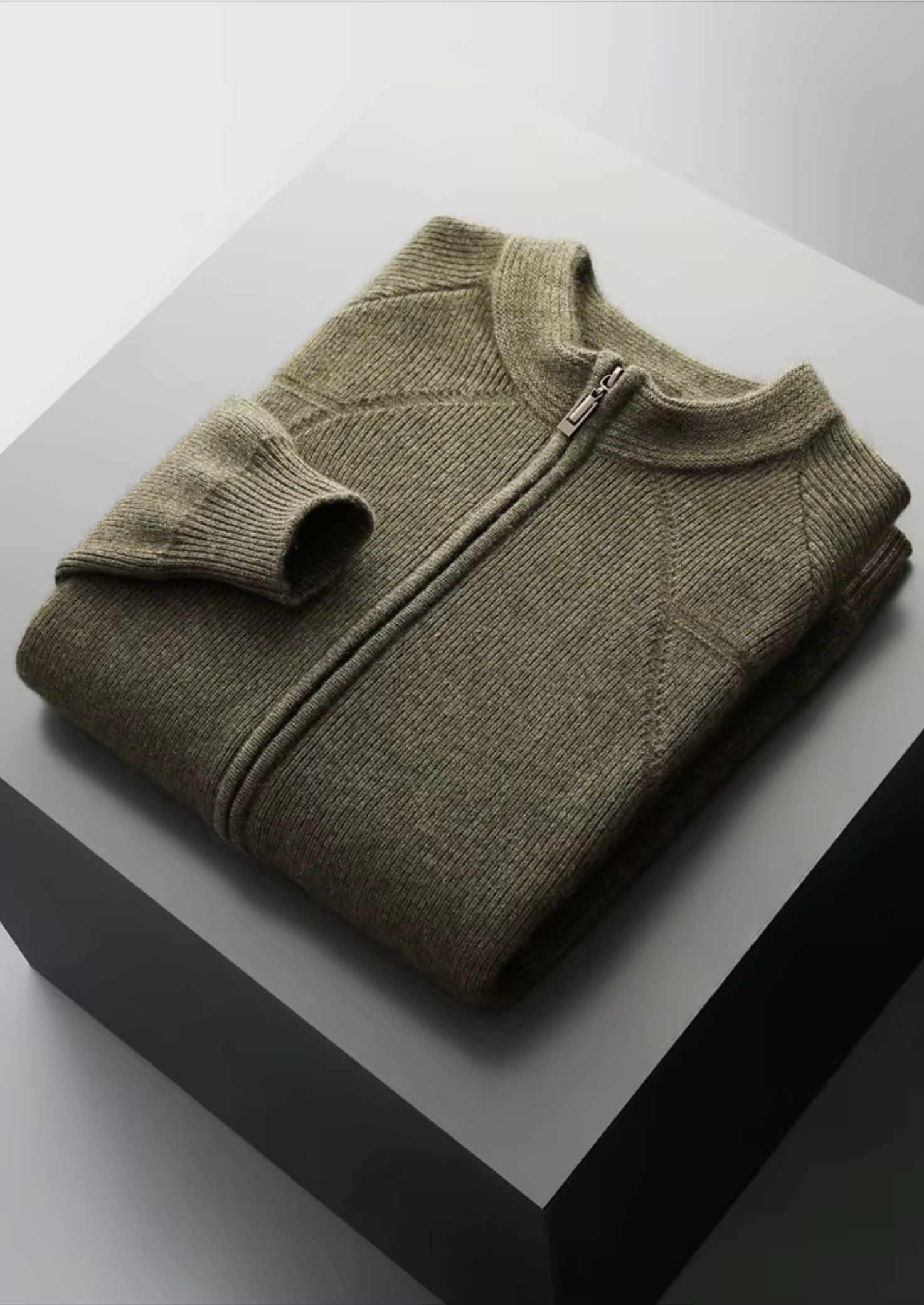 PURE EXTRA-FINE MERINO WOOL RIBBED ZIP CARDIGAN