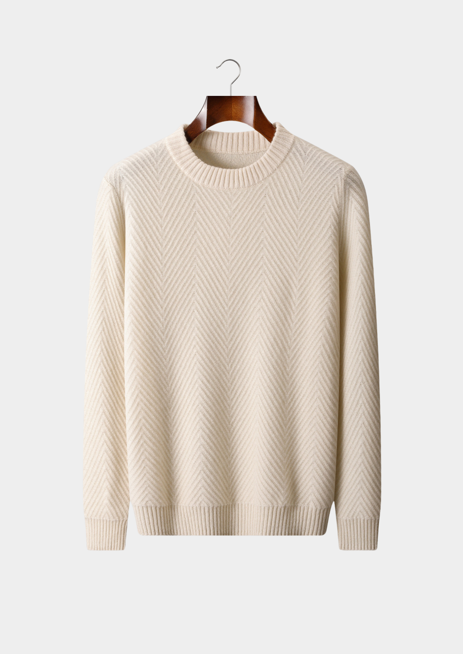 PURE CASHMERE IVORY HERRINGBONE CREWNECK