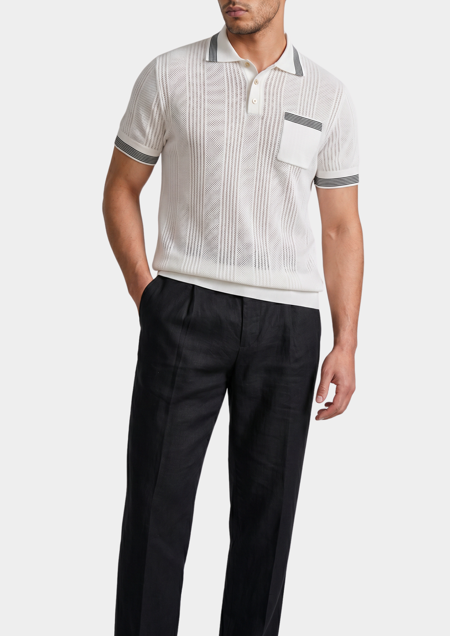 LEON WHITE OPEN KNIT LIGHTWEIGHT POLO