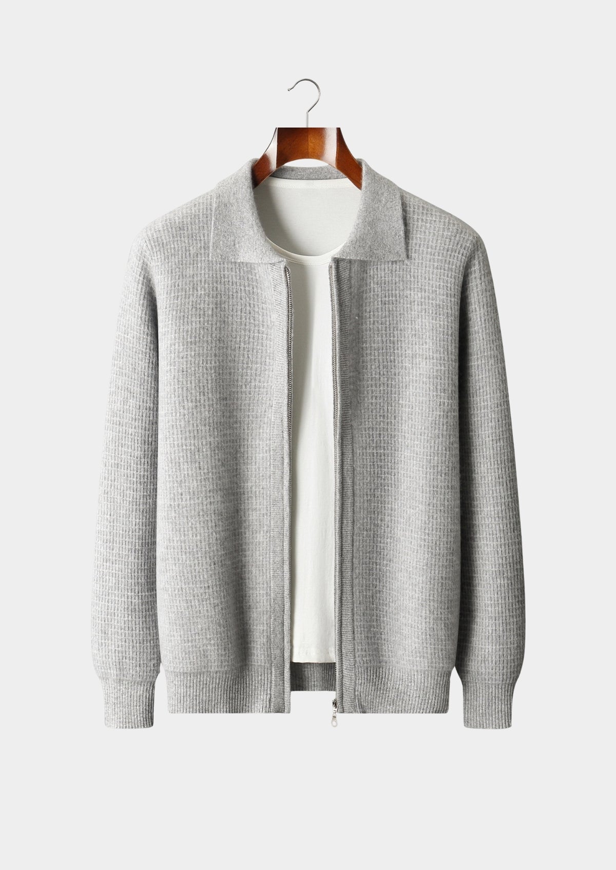 Pure Extra-Fine Merino Wool Textured Zip Polo Cardigan