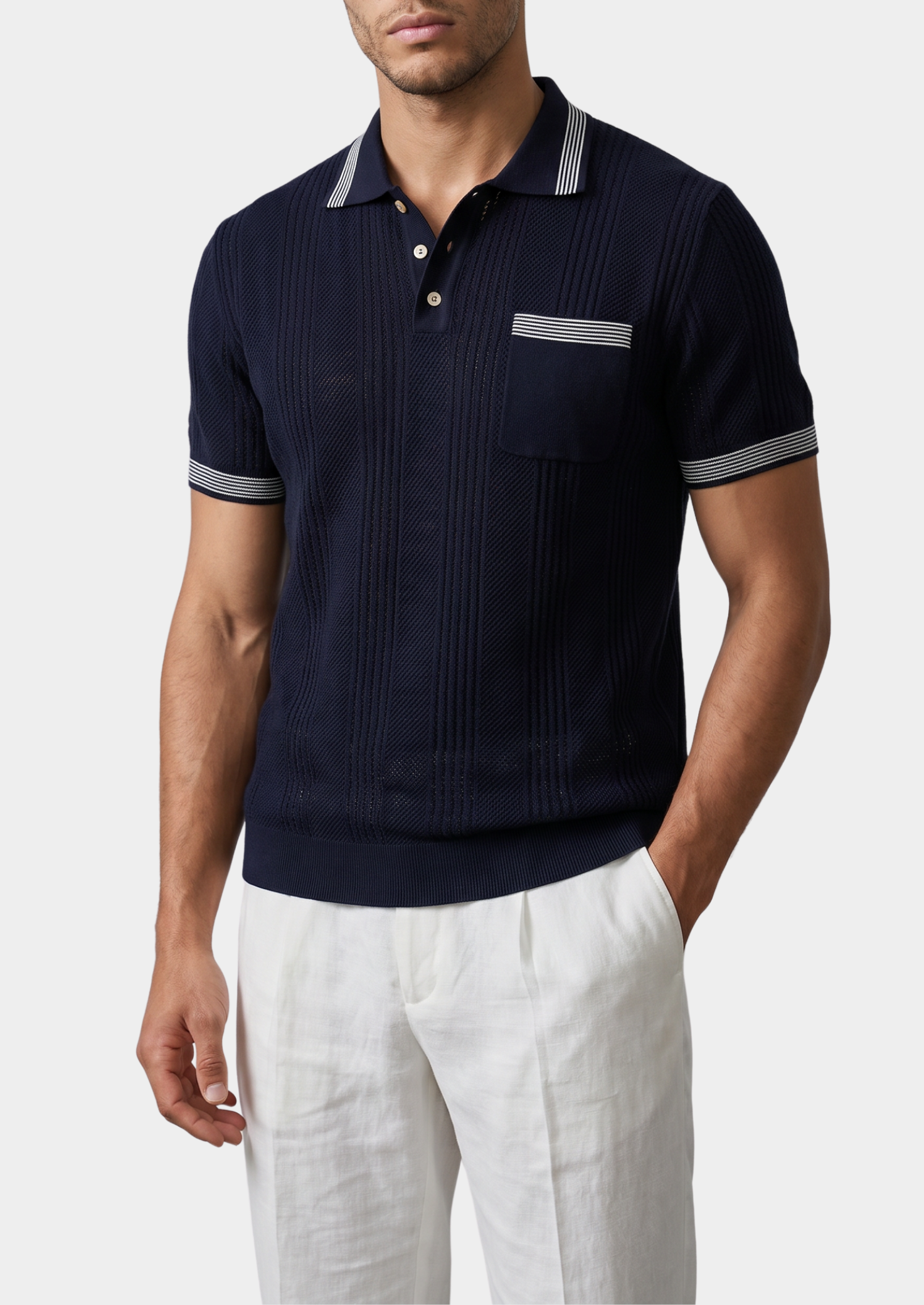 LEON NAVY BLUE OPEN KNIT LIGHTWEIGHT POLO