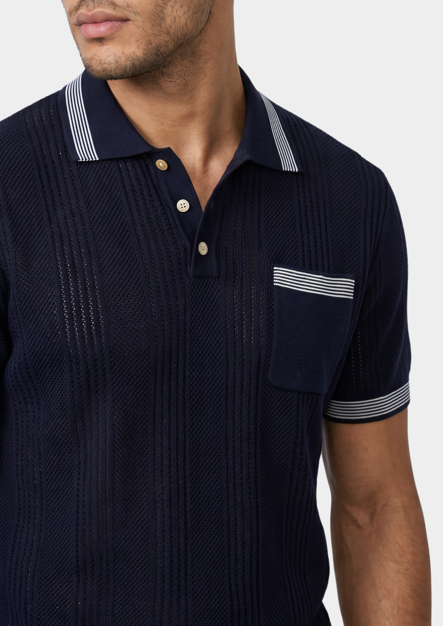 LEON NAVY BLUE OPEN KNIT LIGHTWEIGHT POLO