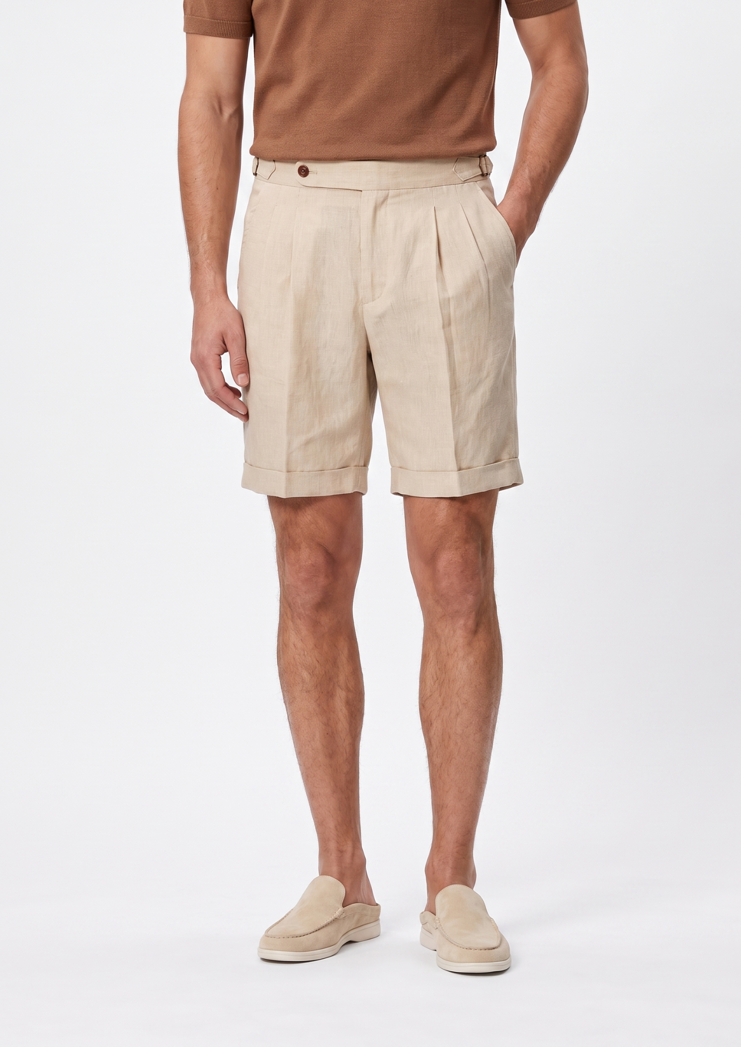 SAND PLEATED LINEN SEASIDE SHORTS