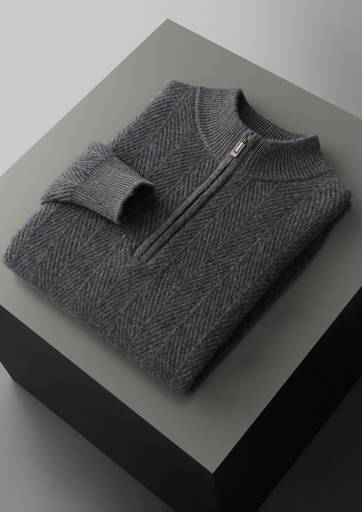 Pure Extra-Fine Merino Wool Herringbone Quarter Zip Sweater