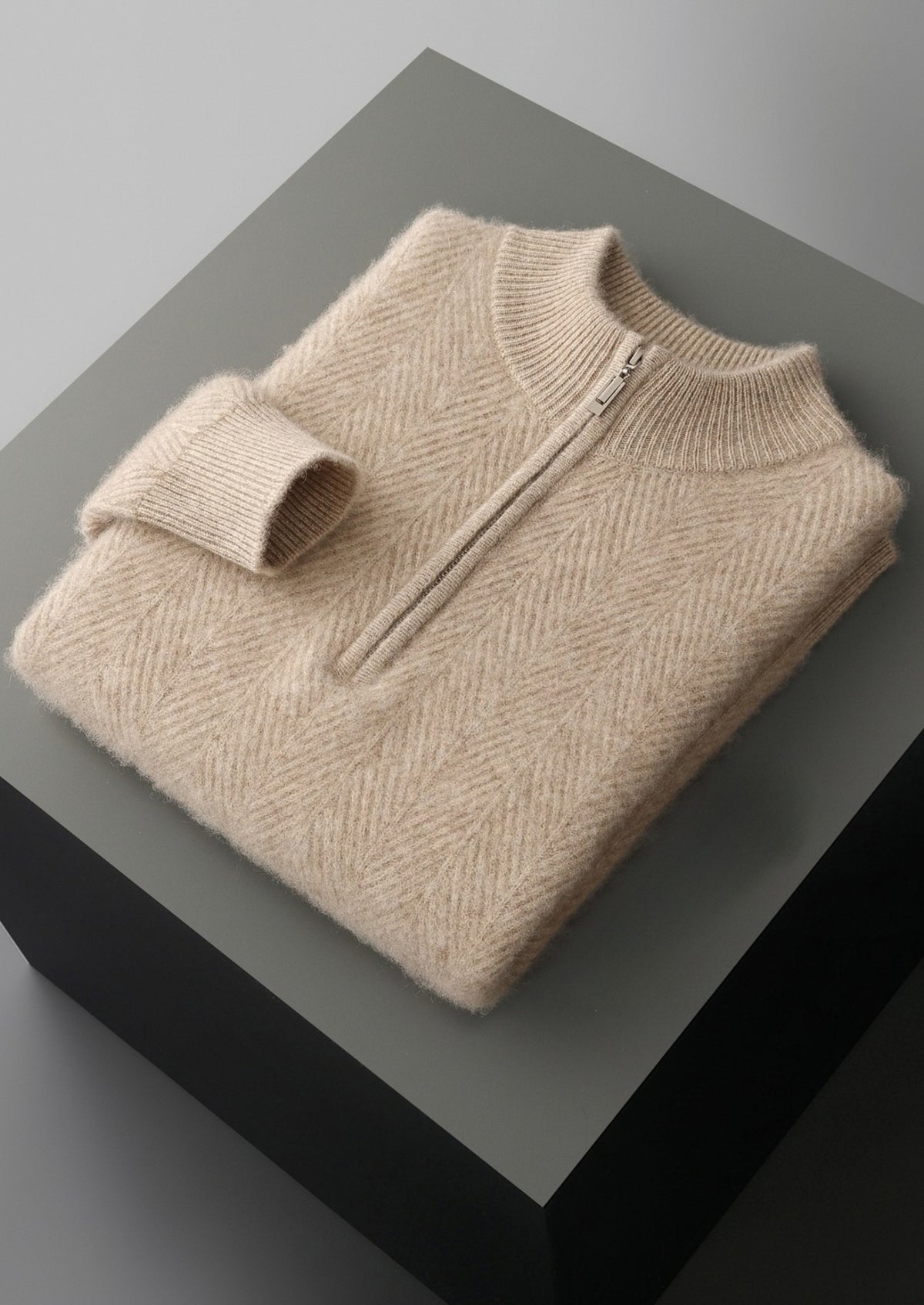 Pure Extra-Fine Merino Wool Herringbone Quarter Zip Sweater
