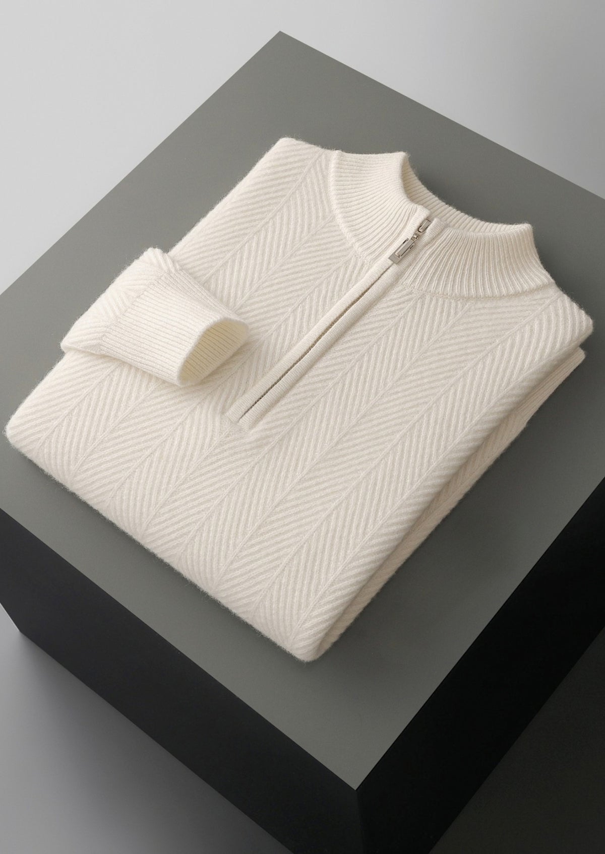 Pure Extra-Fine Merino Wool Herringbone Quarter Zip Sweater