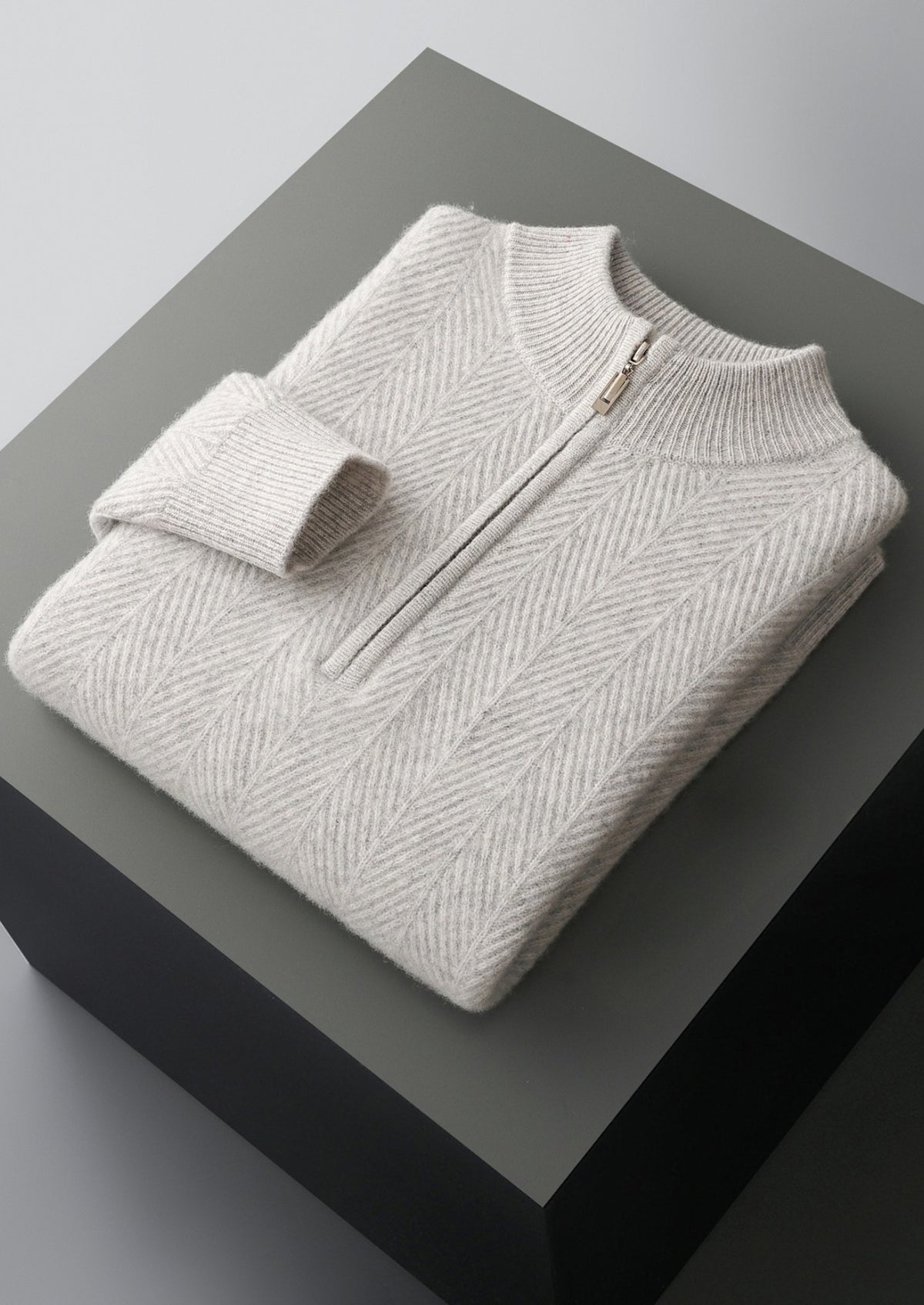 Pure Extra-Fine Merino Wool Herringbone Quarter Zip Sweater