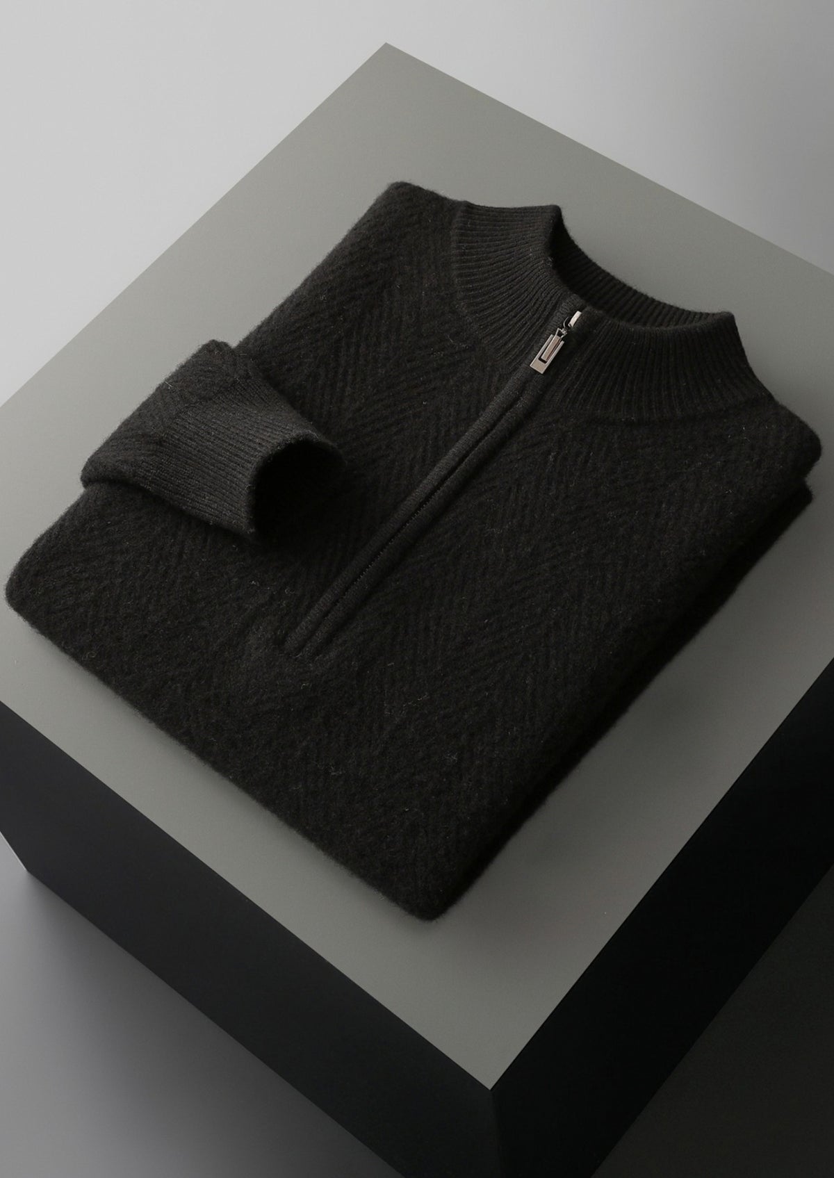 Pure Extra-Fine Merino Wool Herringbone Quarter Zip Sweater