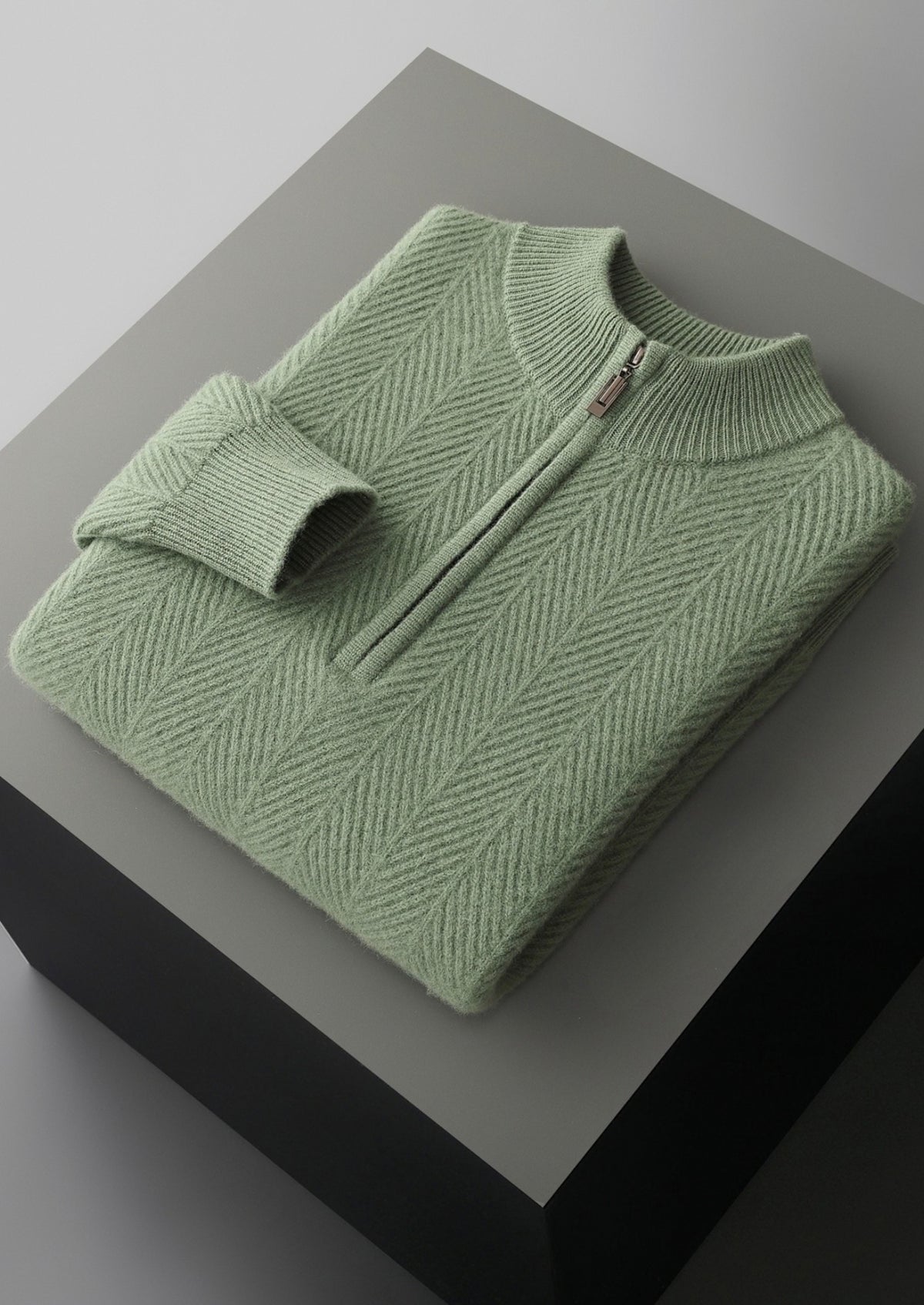 Pure Extra-Fine Merino Wool Herringbone Quarter Zip Sweater