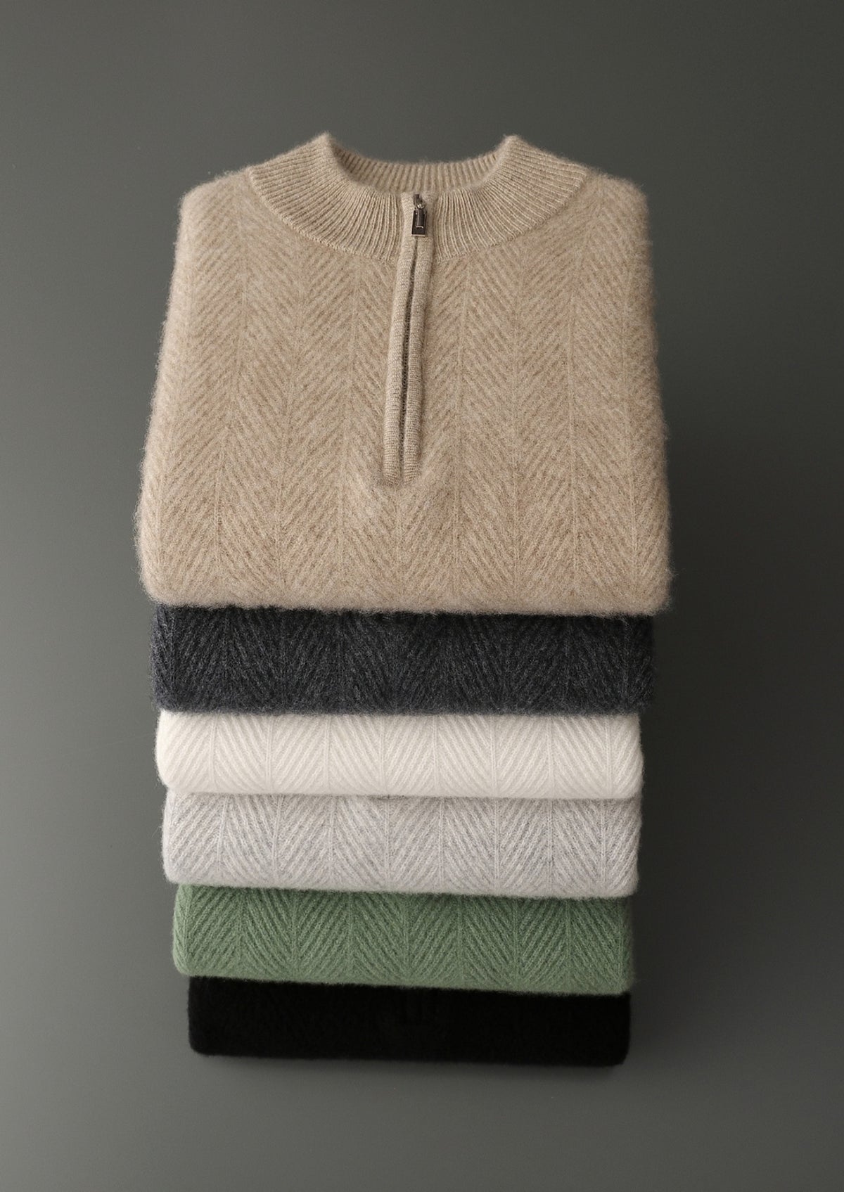 Pure Extra-Fine Merino Wool Herringbone Quarter Zip Sweater