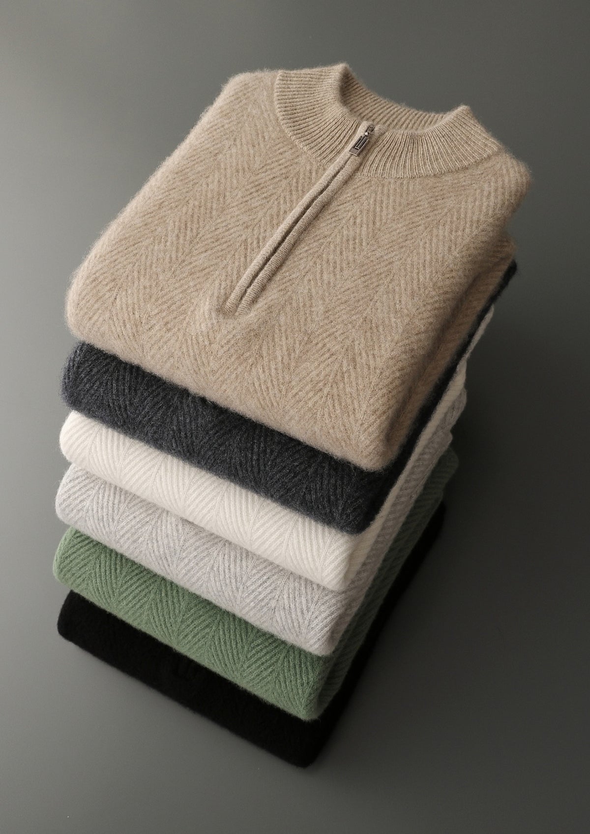 Pure Extra-Fine Merino Wool Herringbone Quarter Zip Sweater