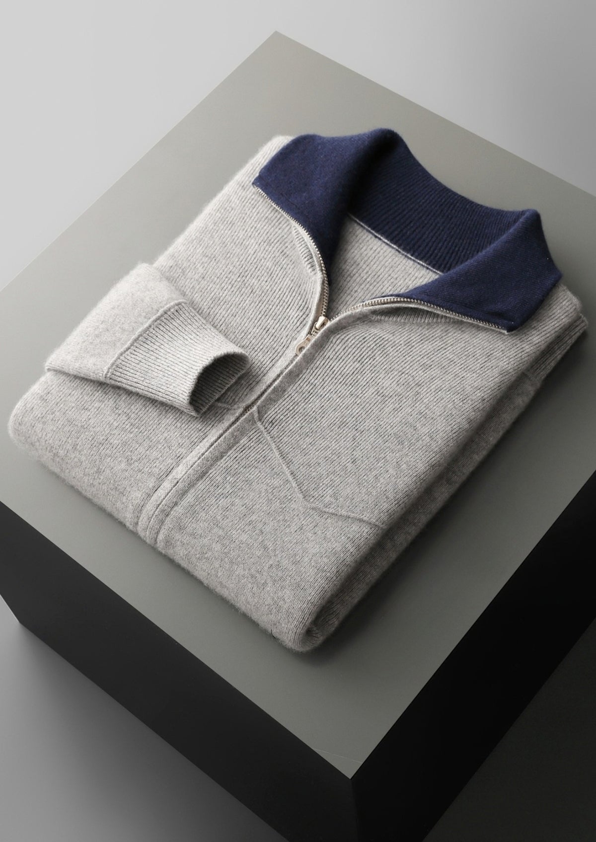 Pure Extra-Fine Merino Wool Two-Tone Funnel Neck Cardigan